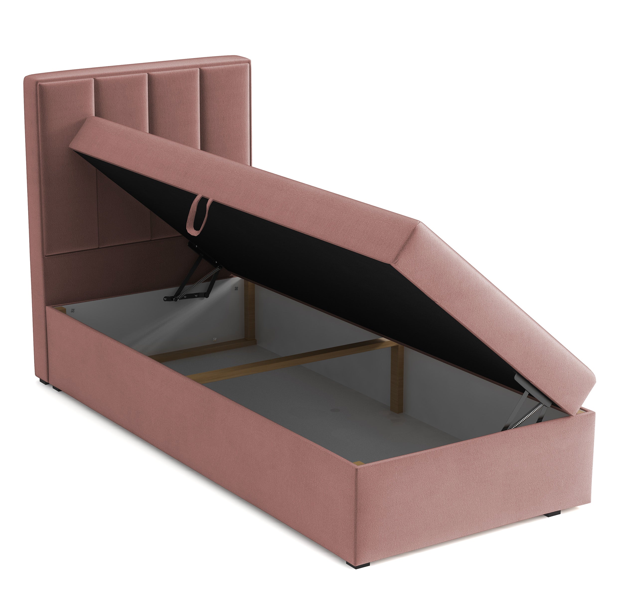 Kontinentalbett 90x200 cm Rinus mit Stauraum, rosa Velours, wasserabweisend, rechtsseitig