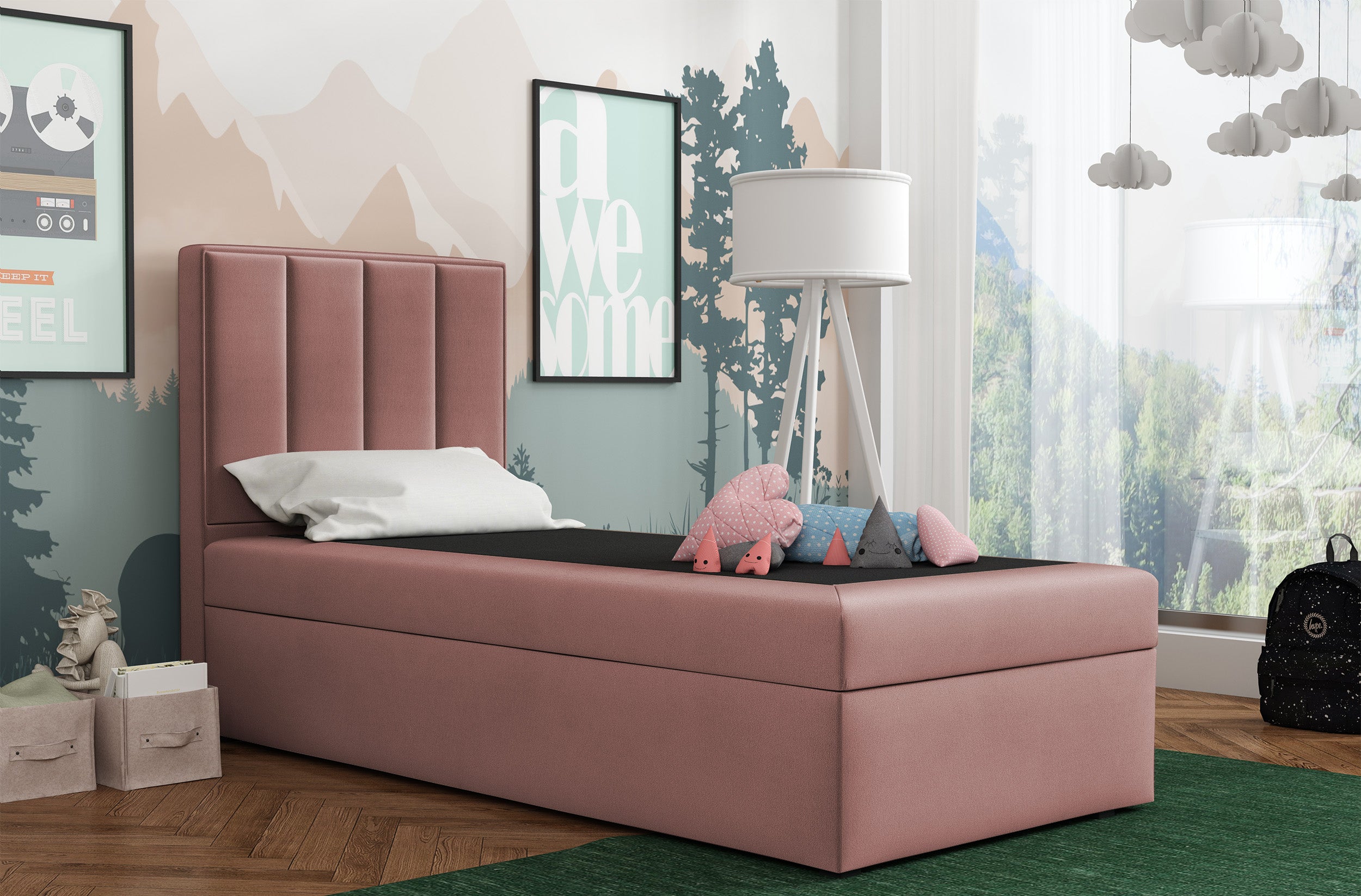 Kontinentalbett 90x200 cm Rinus mit Stauraum, rosa Velours, wasserabweisend, rechtsseitig