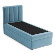 Kontinentalbett 90x200 cm Rinus mit Stauraum, hellblauer Veloursstoff, wasserabweisend, rechtsseitig
