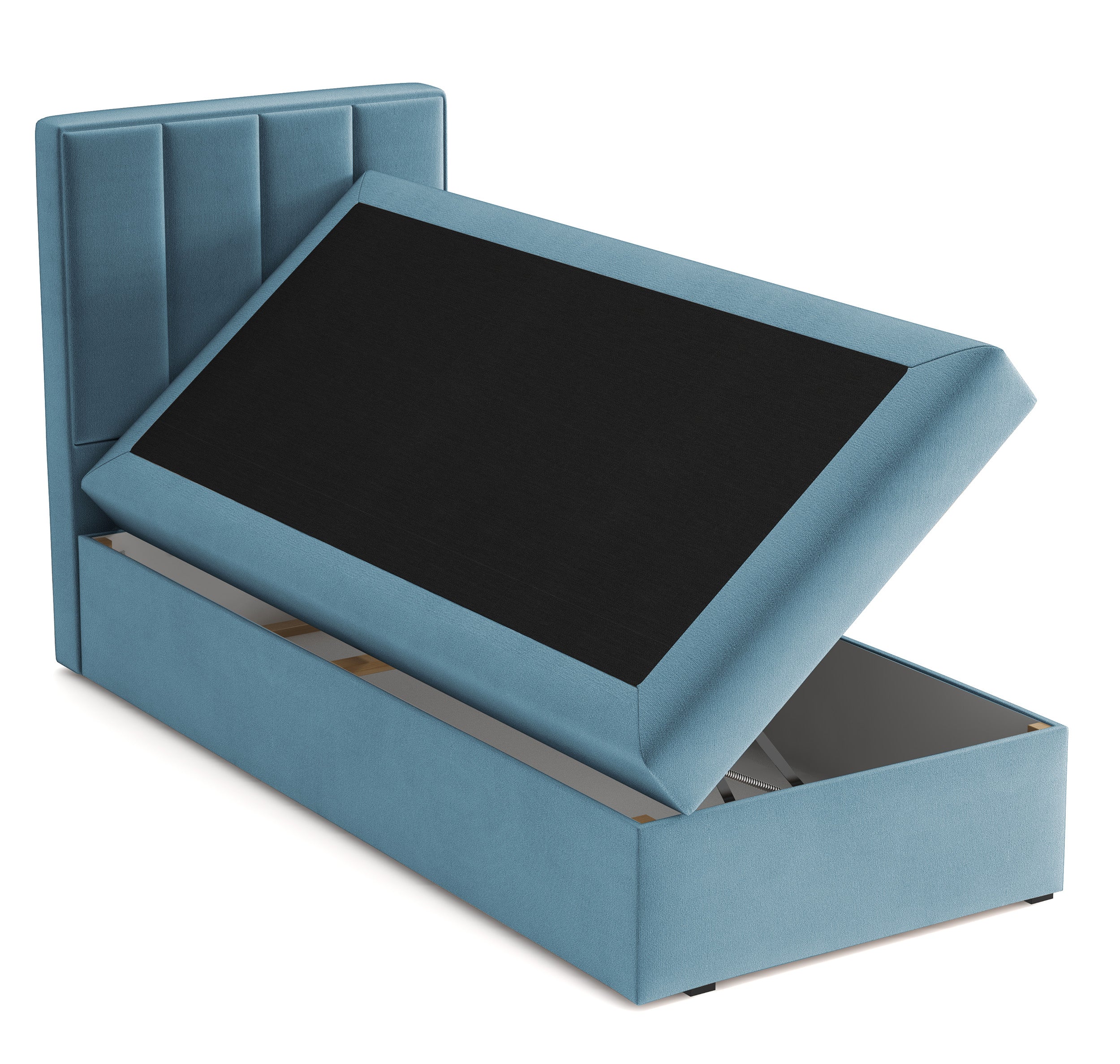 Kontinentalbett 90x200 cm Rinus mit Stauraum, hellblauer Velours, wasserabweisend, linksseitig
