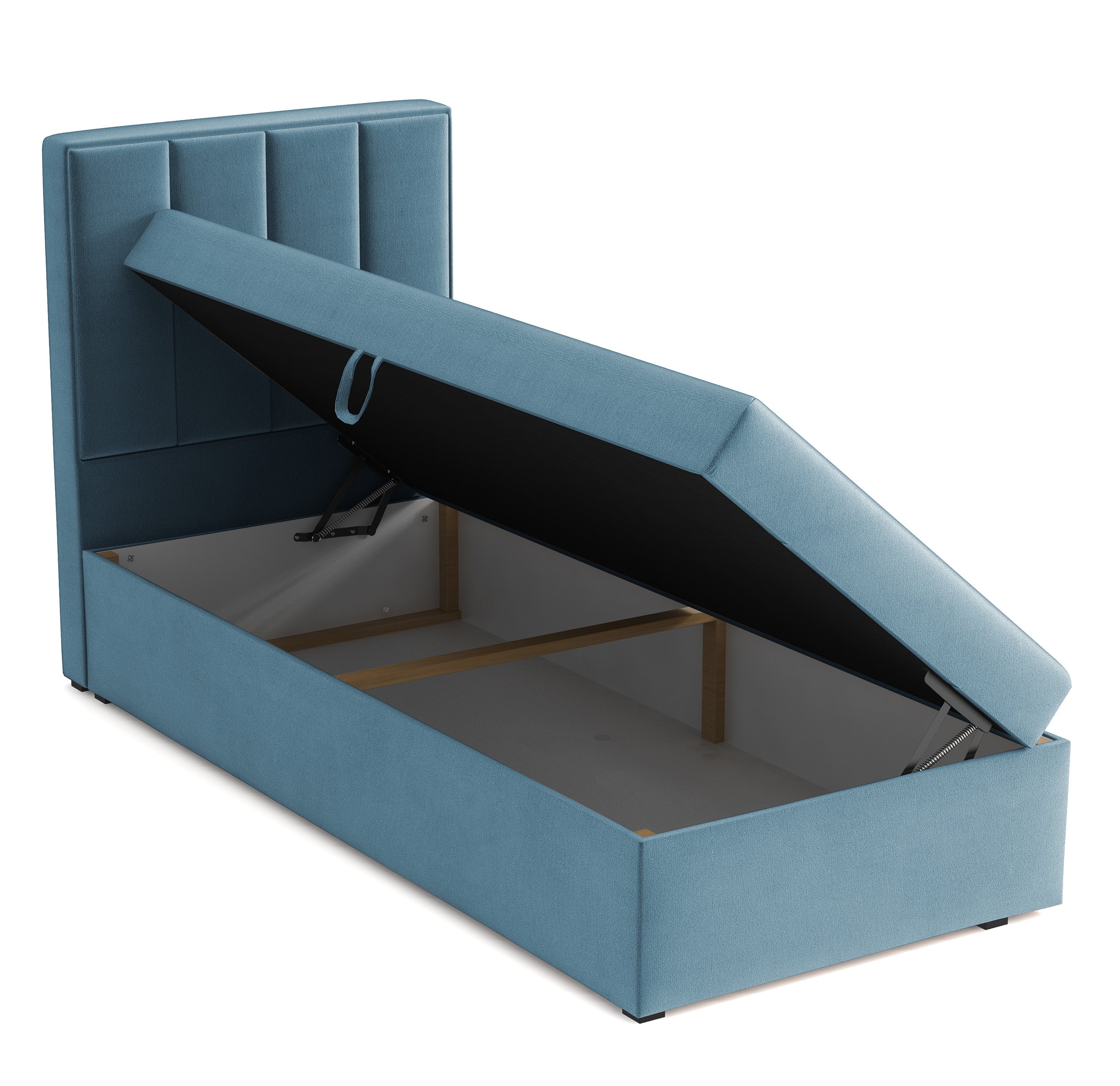 Kontinentalbett 90x200 cm Rinus mit Stauraum, hellblauer Veloursstoff, wasserabweisend, rechtsseitig
