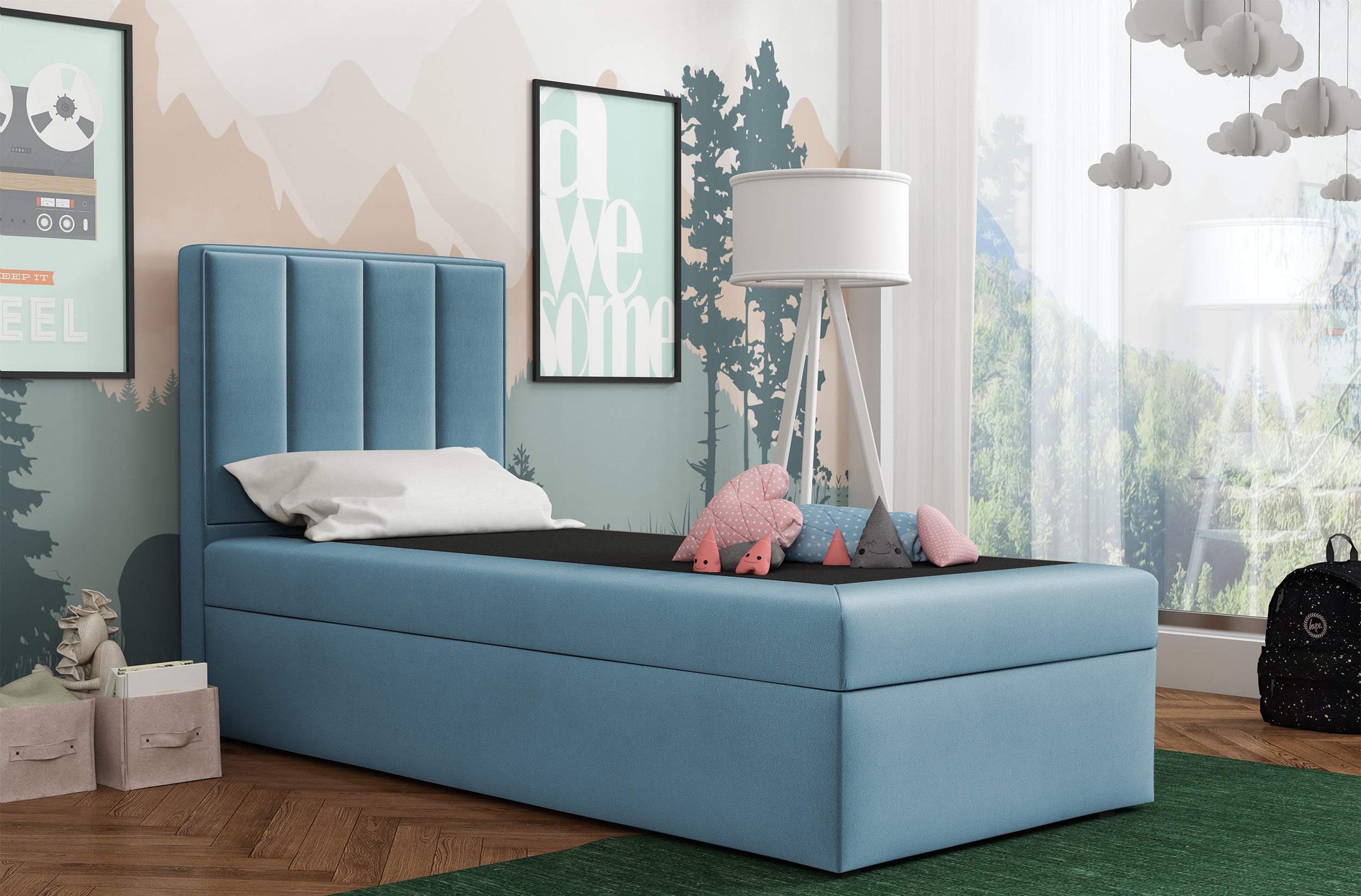 Kontinentalbett 90x200 cm Rinus mit Stauraum, hellblauer Veloursstoff, wasserabweisend, rechtsseitig