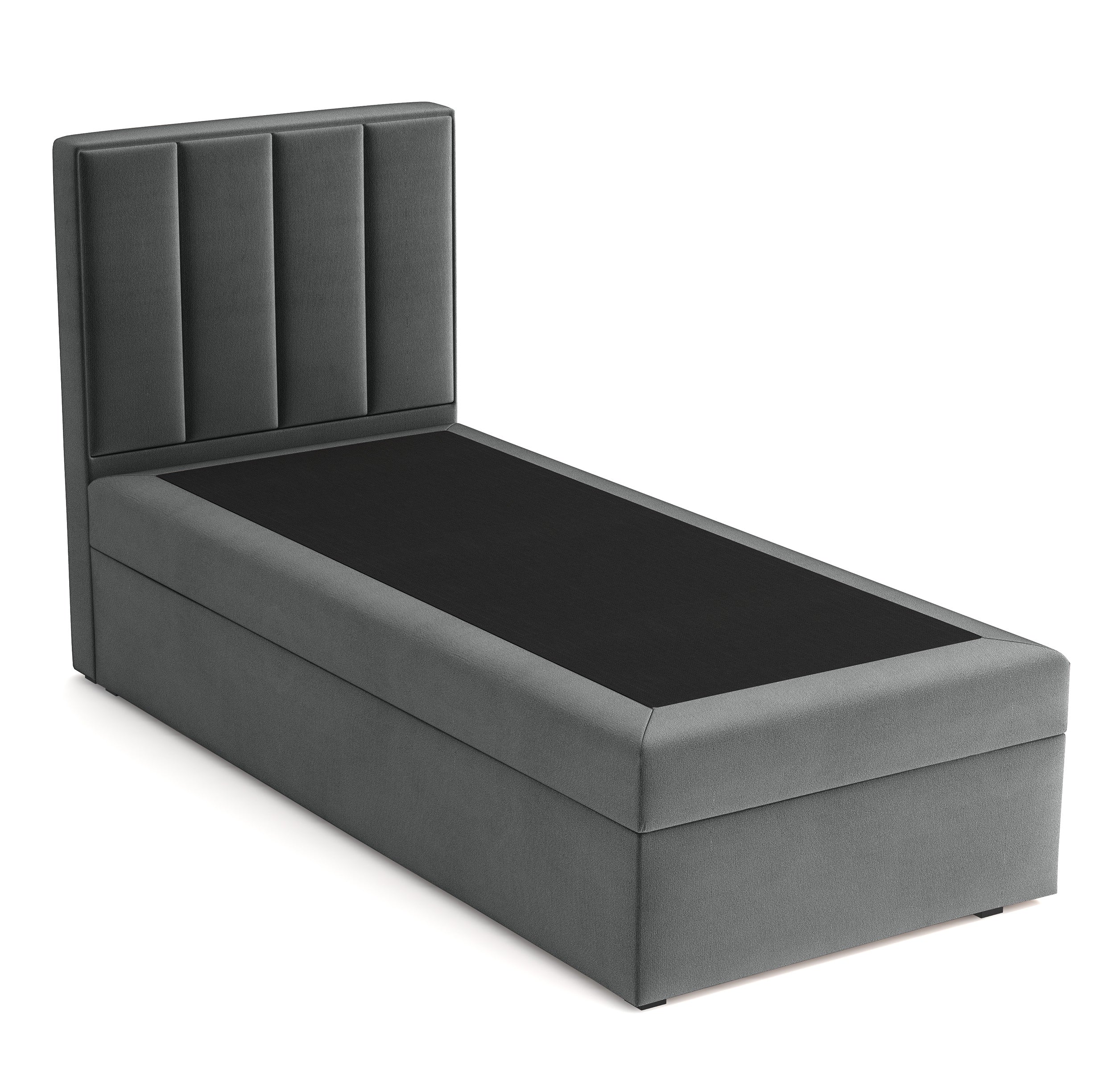 Kontinentales Bett 90x200 cm Rinus mit Stauraum, dunkelgrauer Velours, wasserabweisend, rechtsseitig