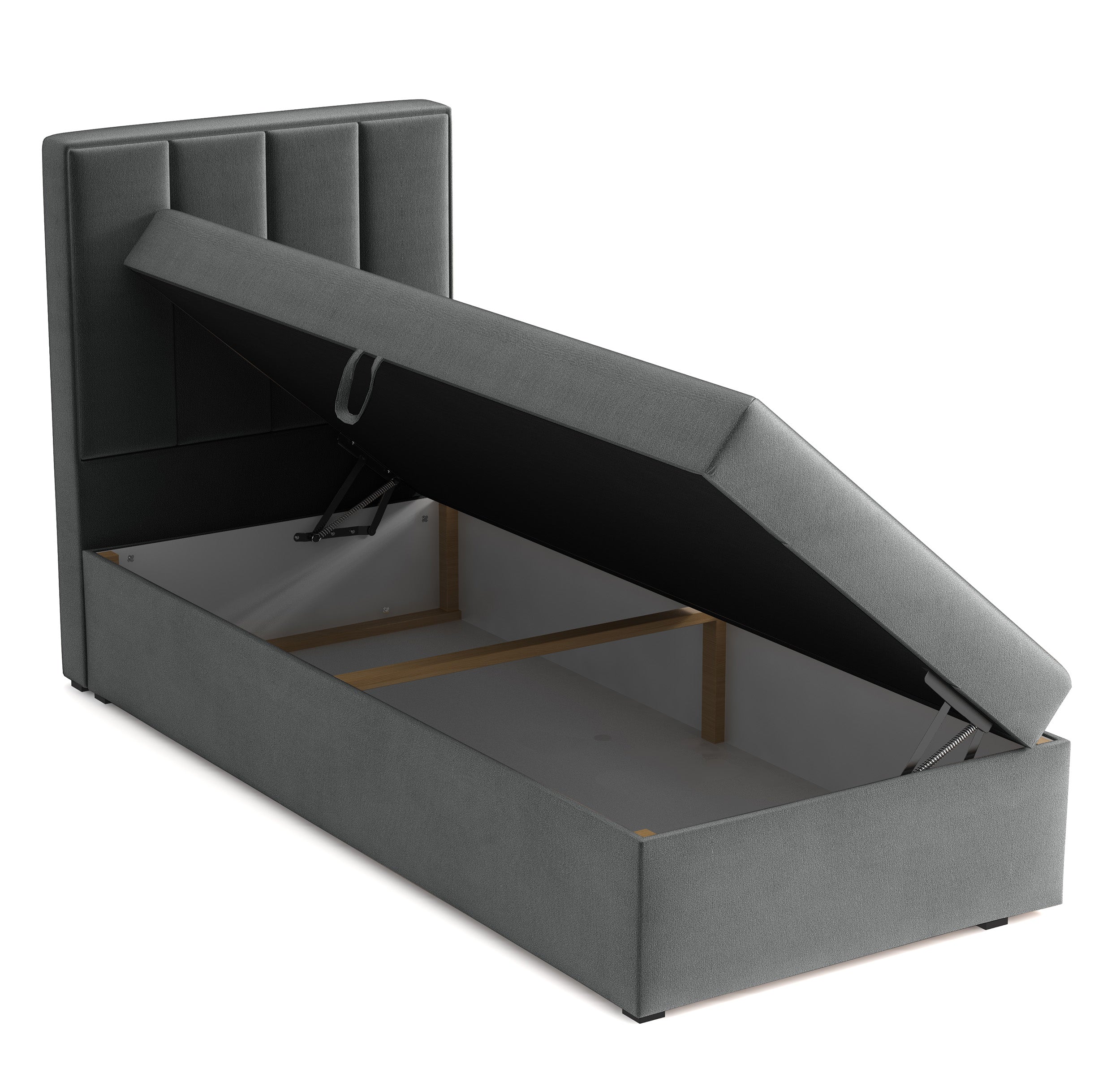 Kontinentales Bett 90x200 cm Rinus mit Stauraum, dunkelgrauer Velours, wasserabweisend, rechtsseitig