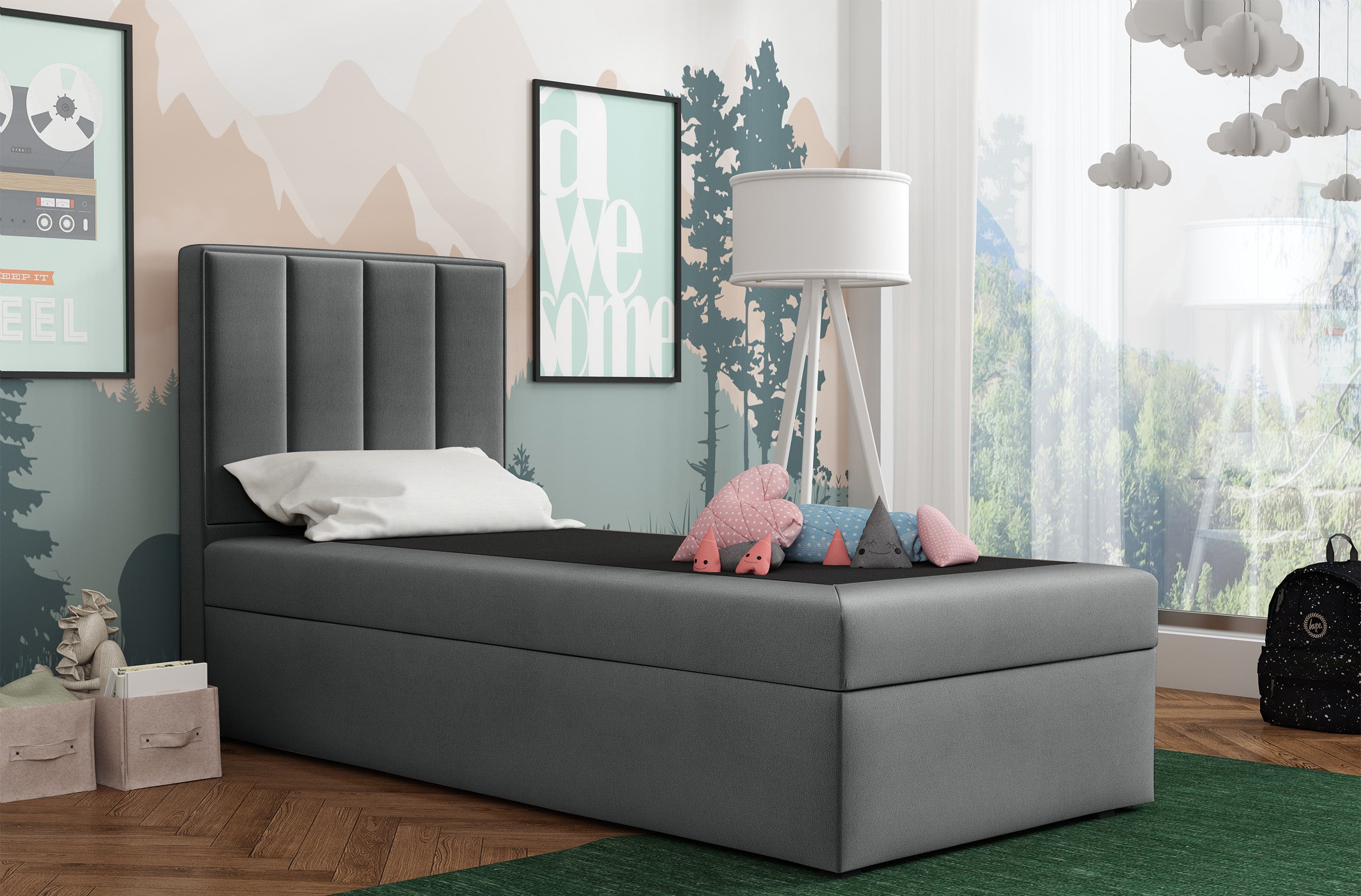 Kontinentales Bett 90x200 cm Rinus mit Stauraum, dunkelgrauer Velours, wasserabweisend, rechtsseitig