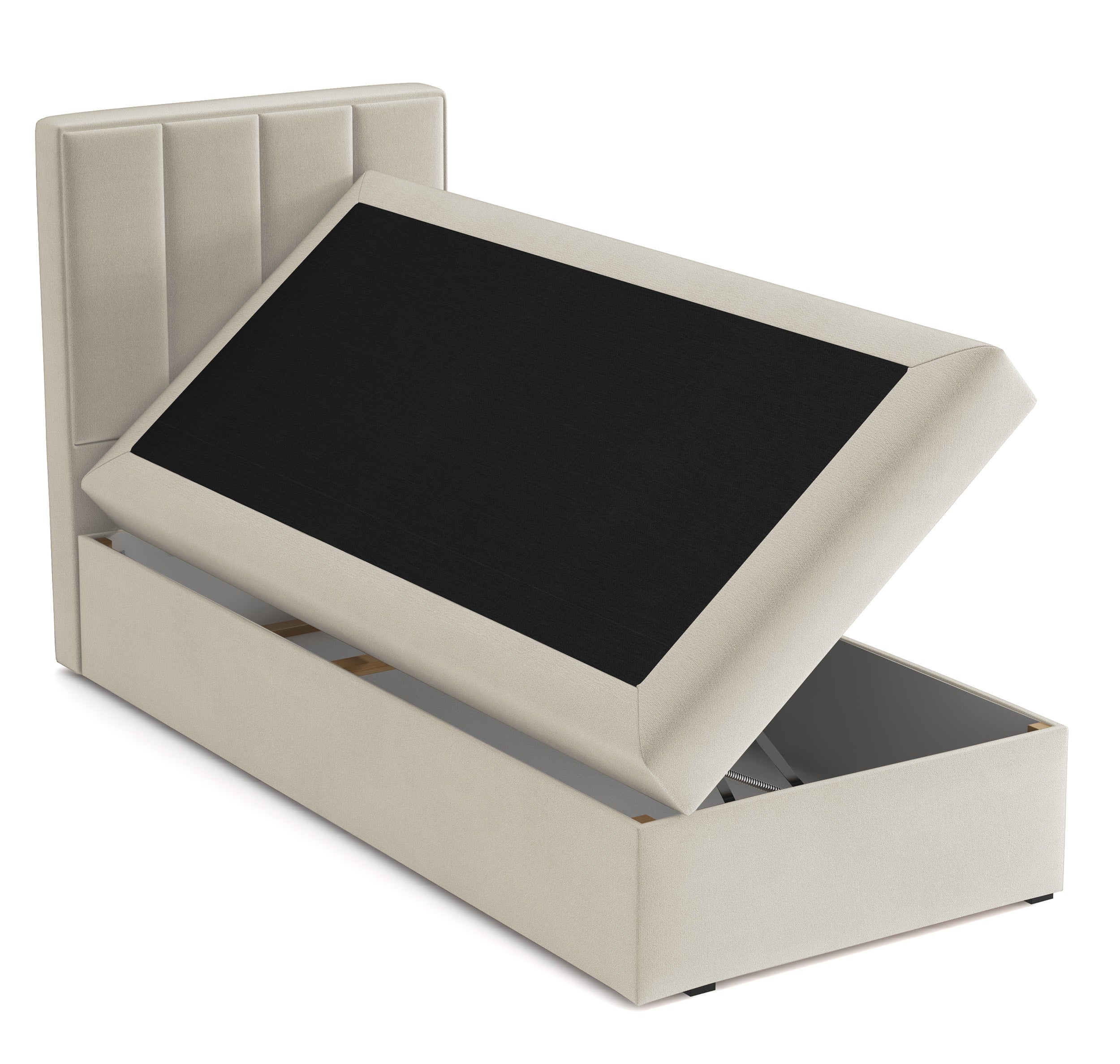 Kontinentales Bett 90x200 cm Rinus mit Stauraum, grau-beiger Velours, wasserabweisend, linksseitig