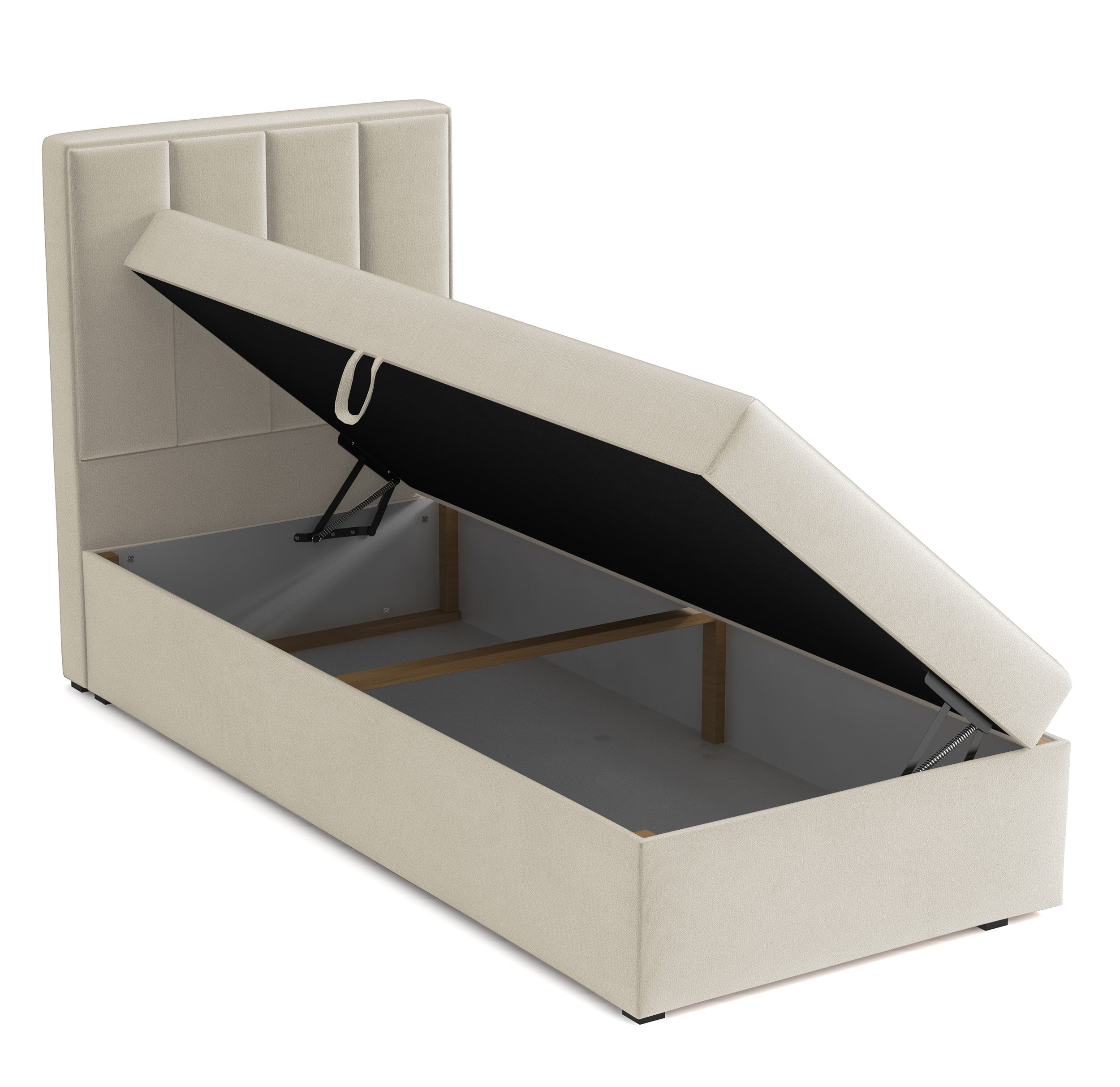 Kontinentalbett 90x200 cm Rinus mit Stauraum, grau-beiges Velours, wasserabweisend, rechtsseitig