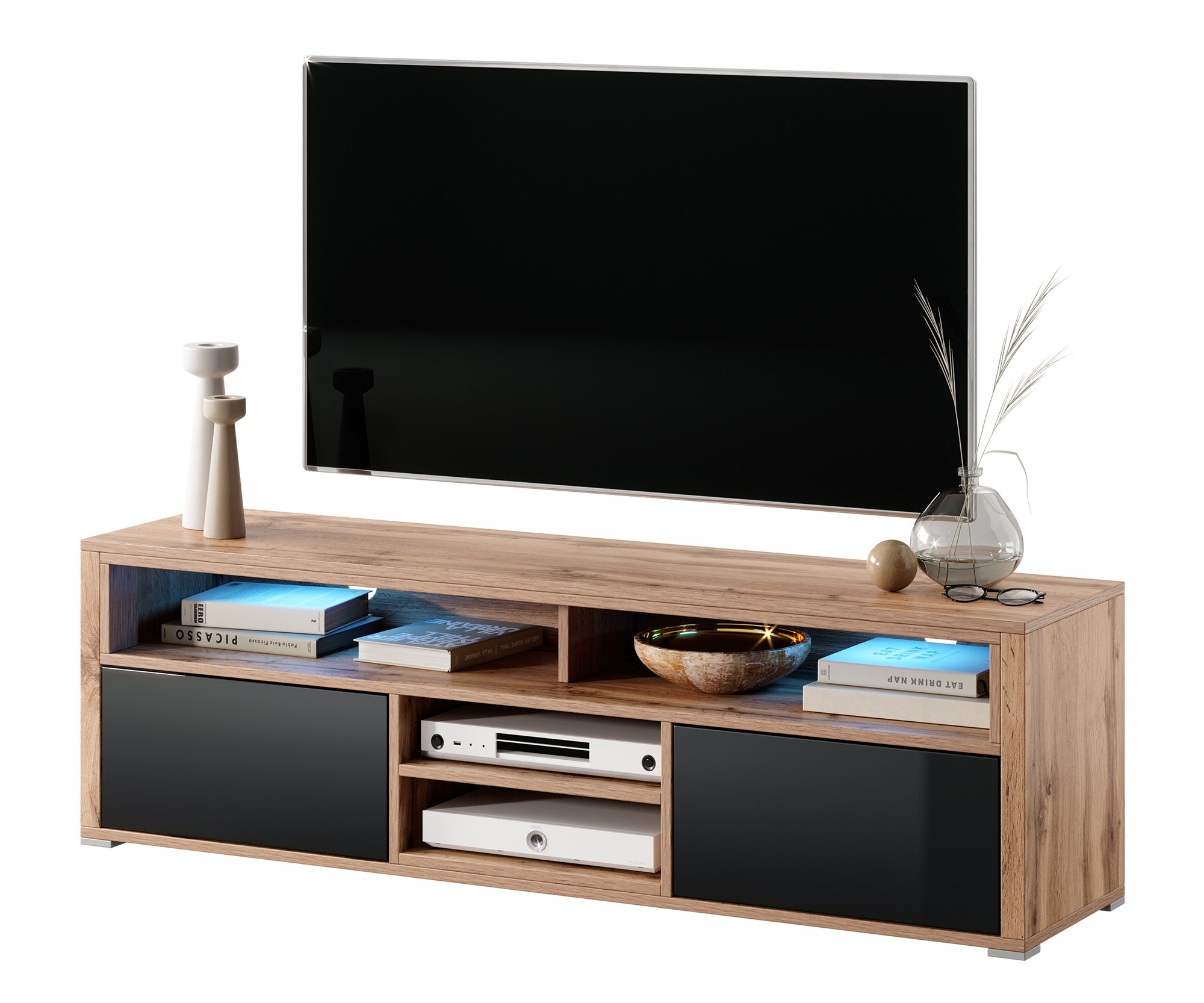 TV-Schrank Laksa Wotan-Eiche / Schwarz Hochglanz mit Beleuchtung