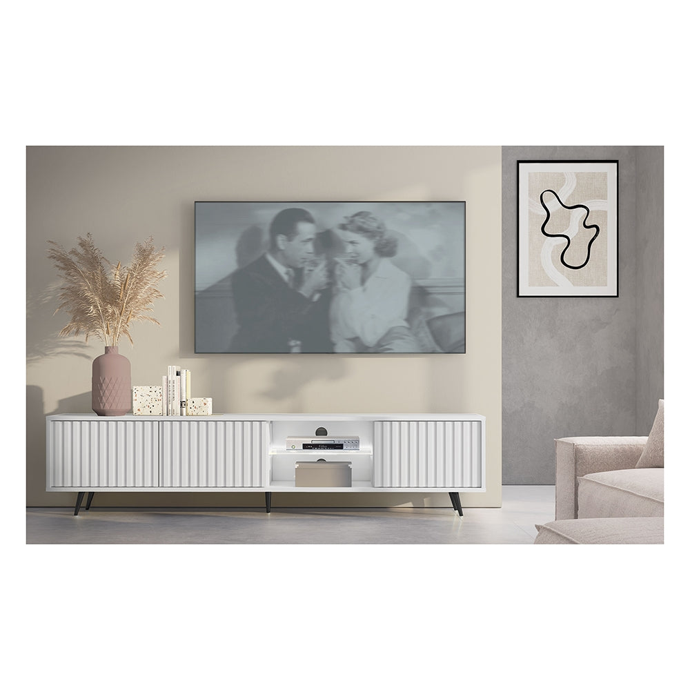 TV-Schrank Bello mit Lamellenfronten, 175 cm, weiß, mit LED und schwarzen Beinen