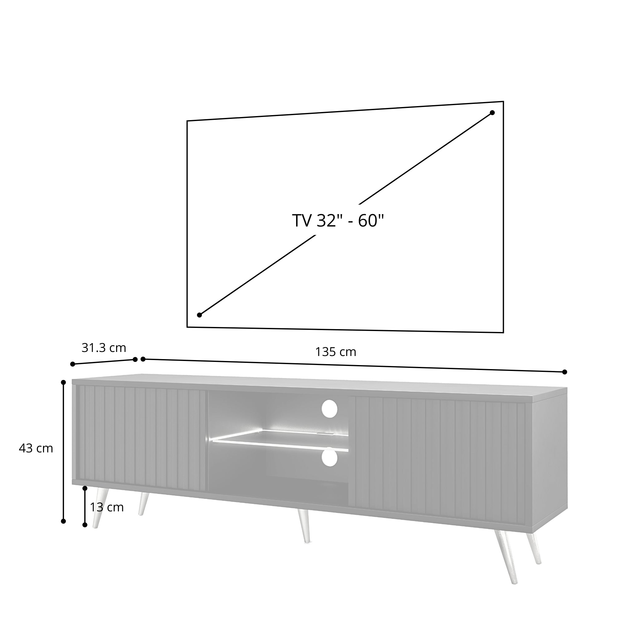 TV-Schrank Bello mit Lamellenfronten, 135 cm, schwarz mit goldenen Beinen