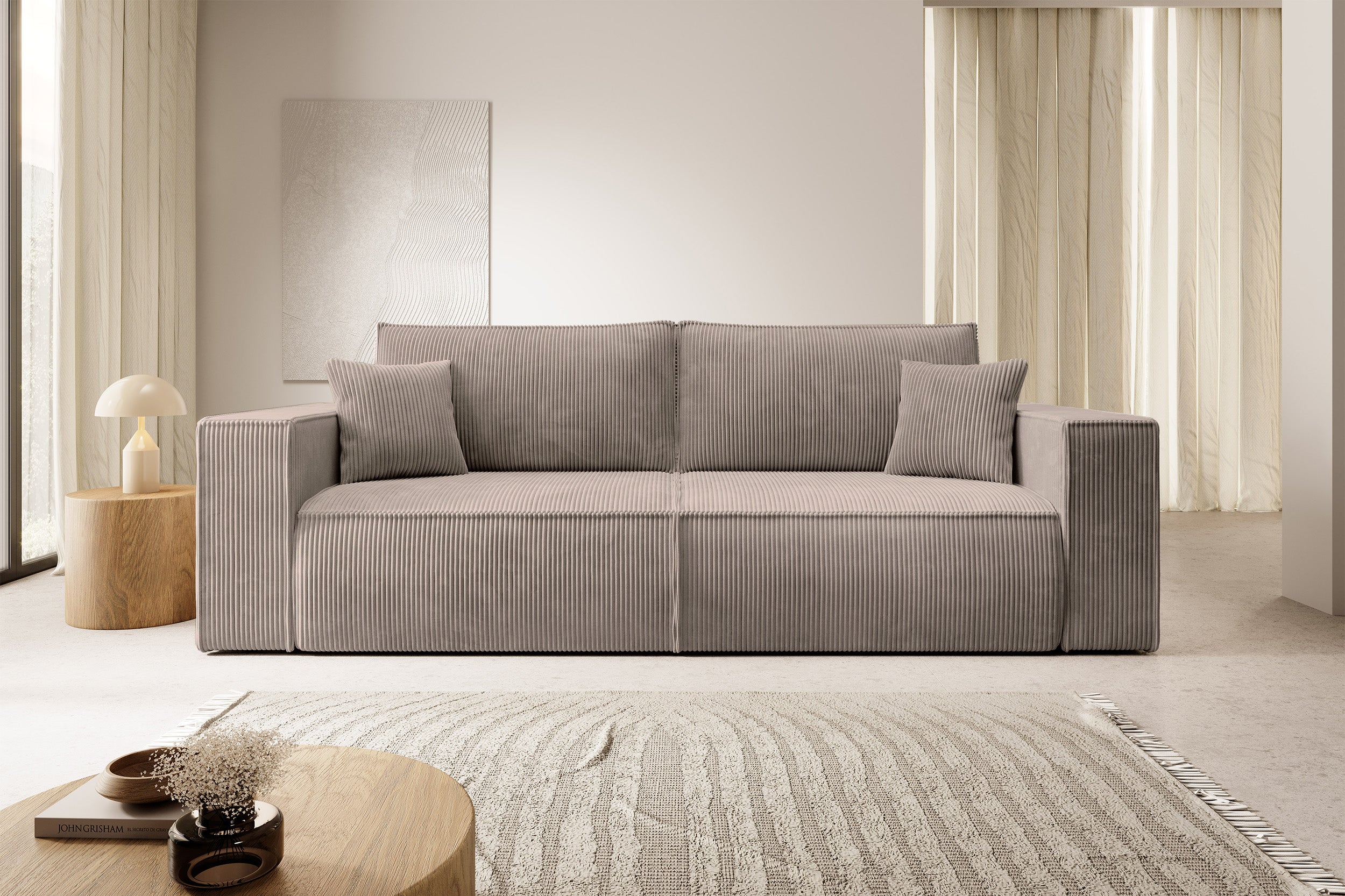 Dreisitziges ausklappbares Sofa Farese mit Stauraum, beige Cord