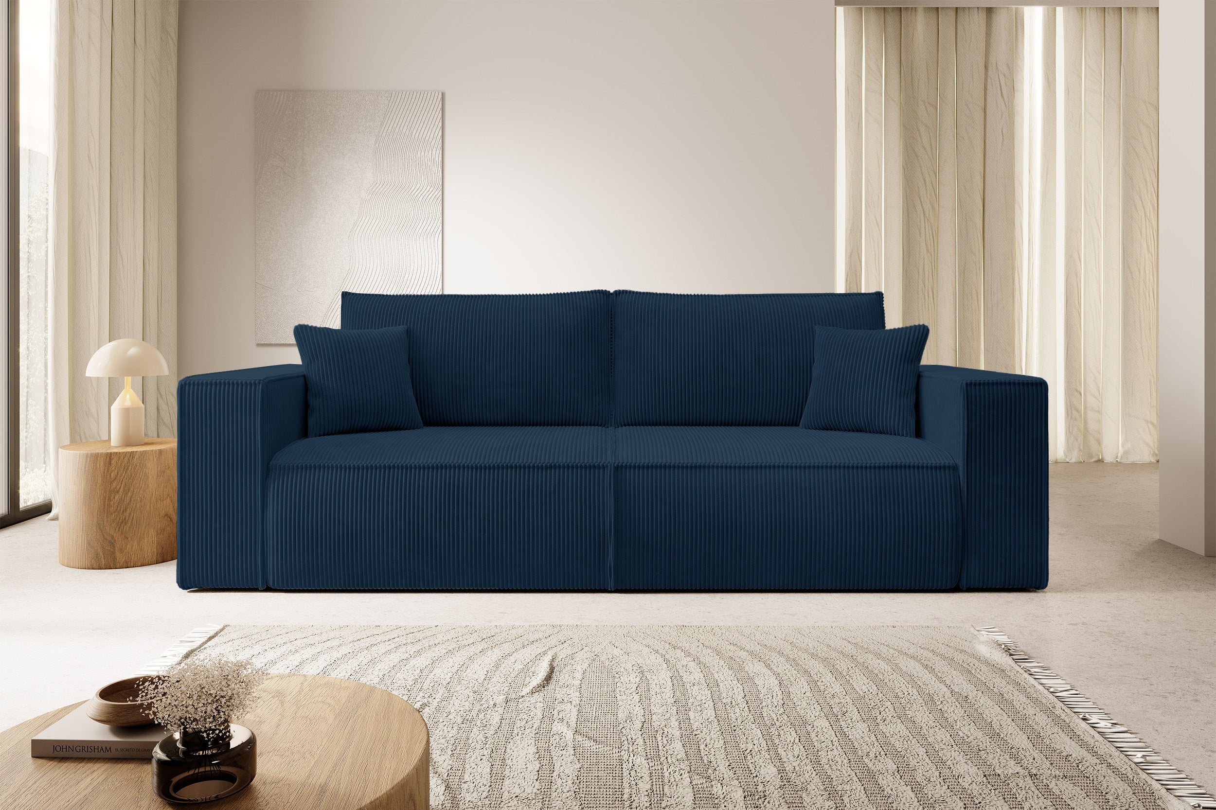 Dreisitziges ausklappbares Sofa Farese mit Stauraum, dunkelblauer Cord