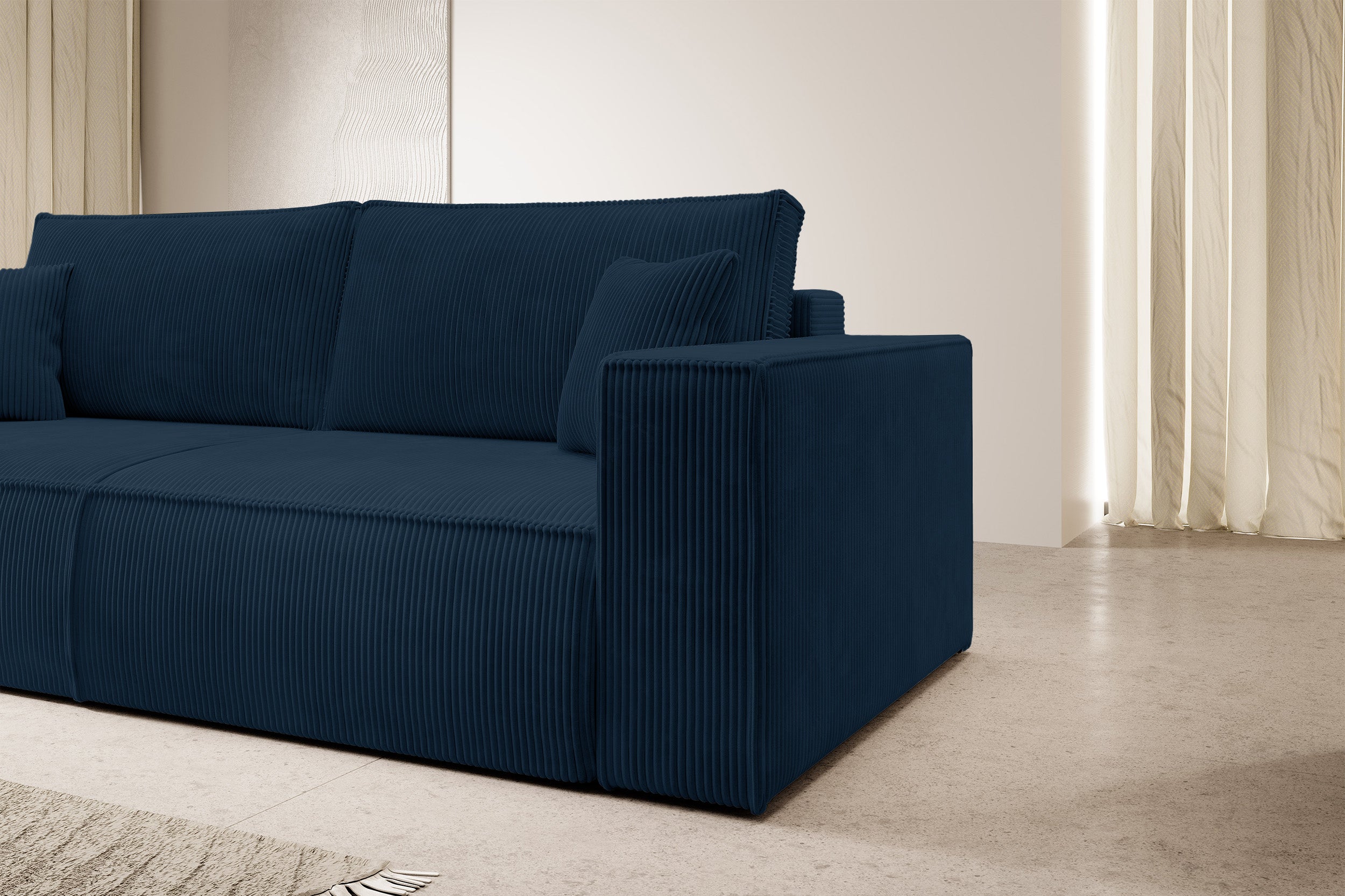 Dreisitziges ausklappbares Sofa Farese mit Stauraum, dunkelblauer Cord
