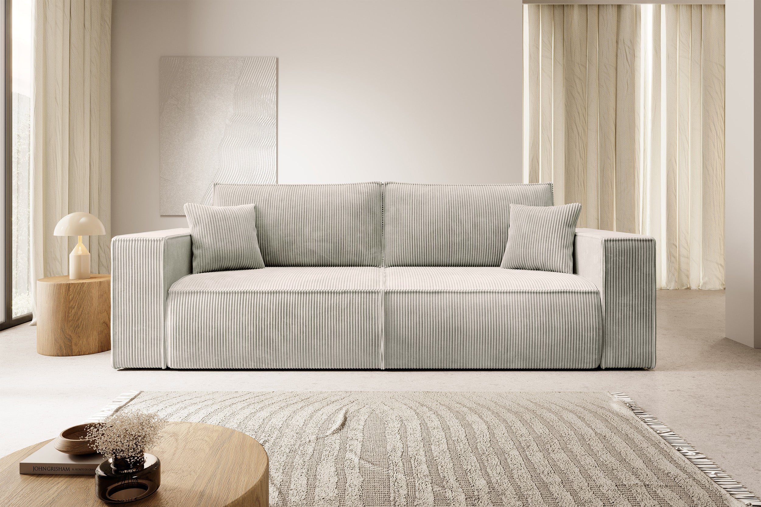 Drei-Sitzer-Schlafsofa Farese mit Stauraum, cremefarbener Cord