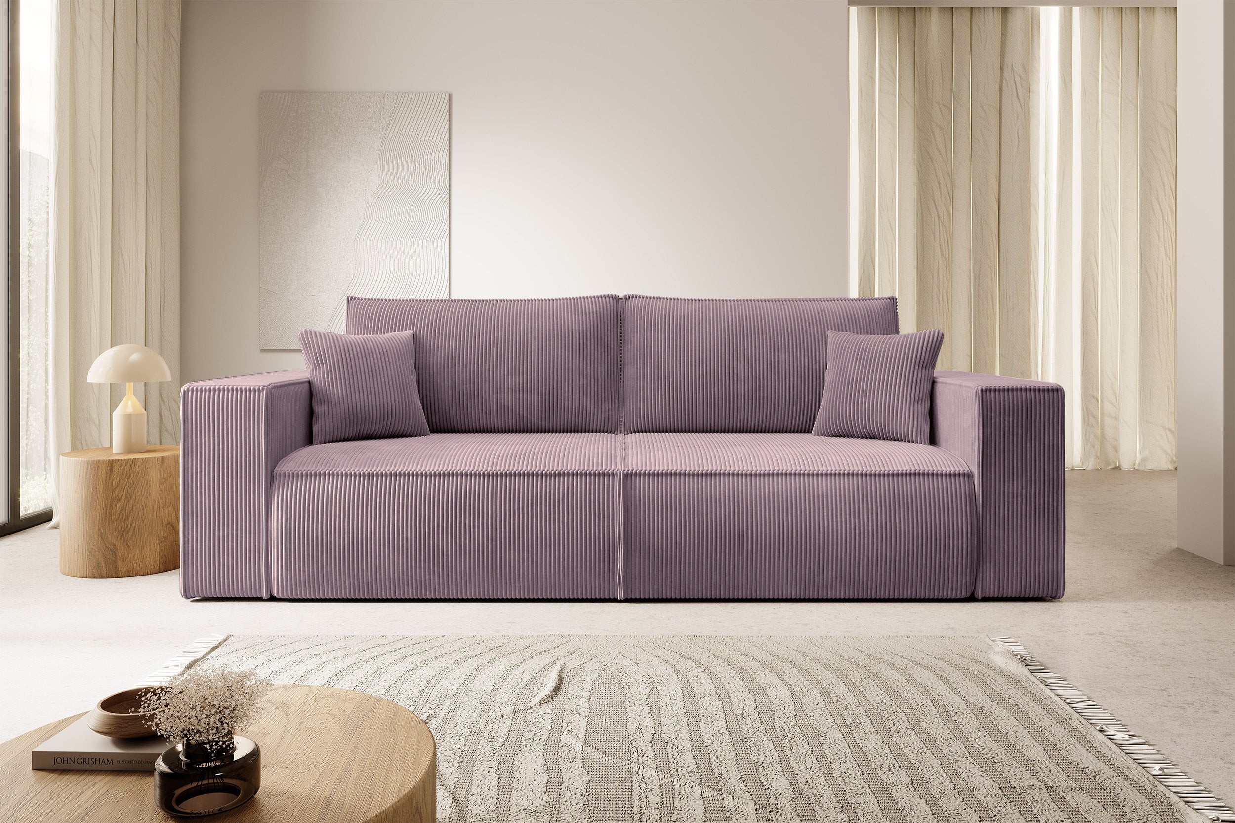 Dreisitziges ausklappbares Sofa Farese mit Stauraum, rosa Cord