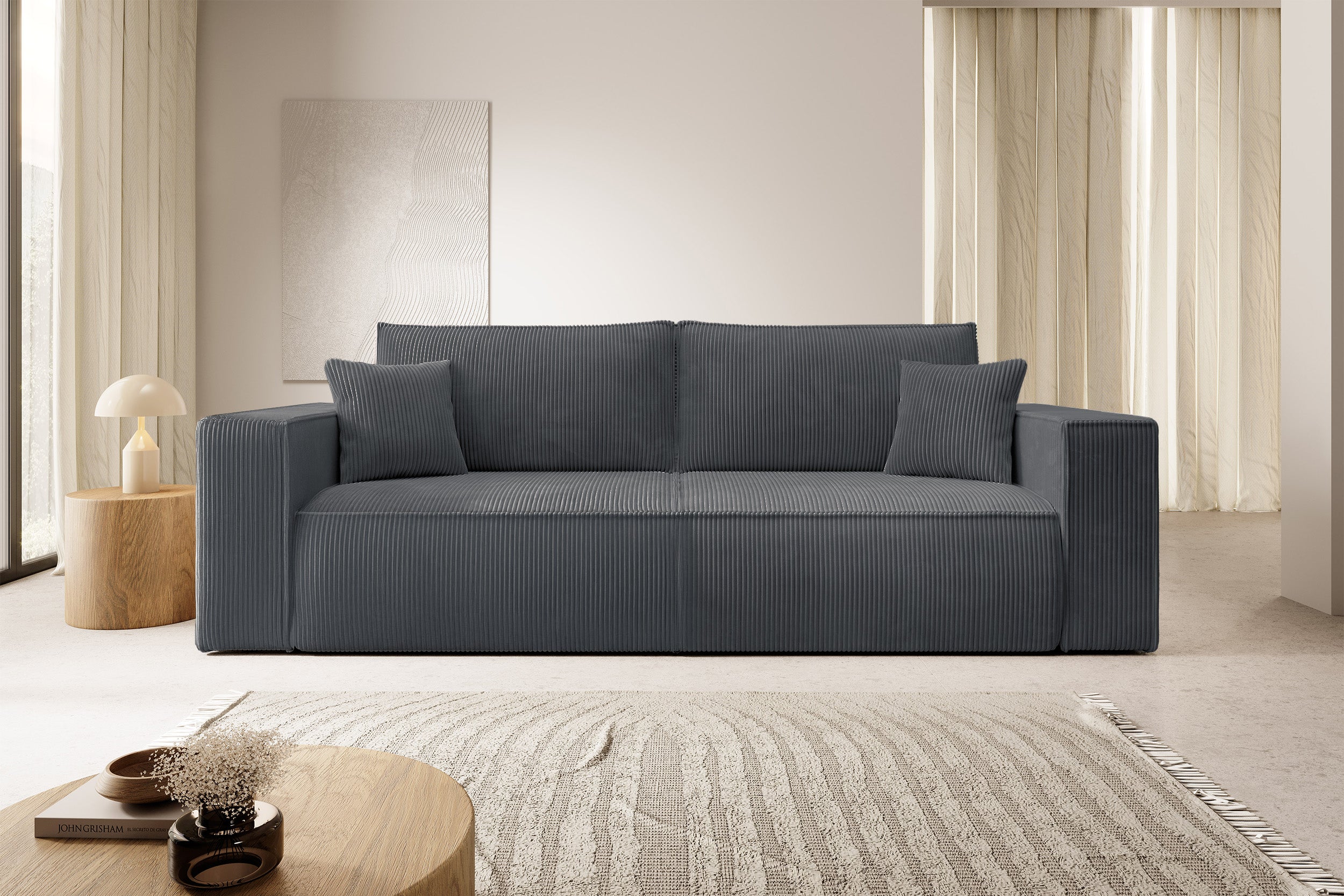 Dreisitziges ausklappbares Sofa Farese mit Stauraum, grauer Cordstoff