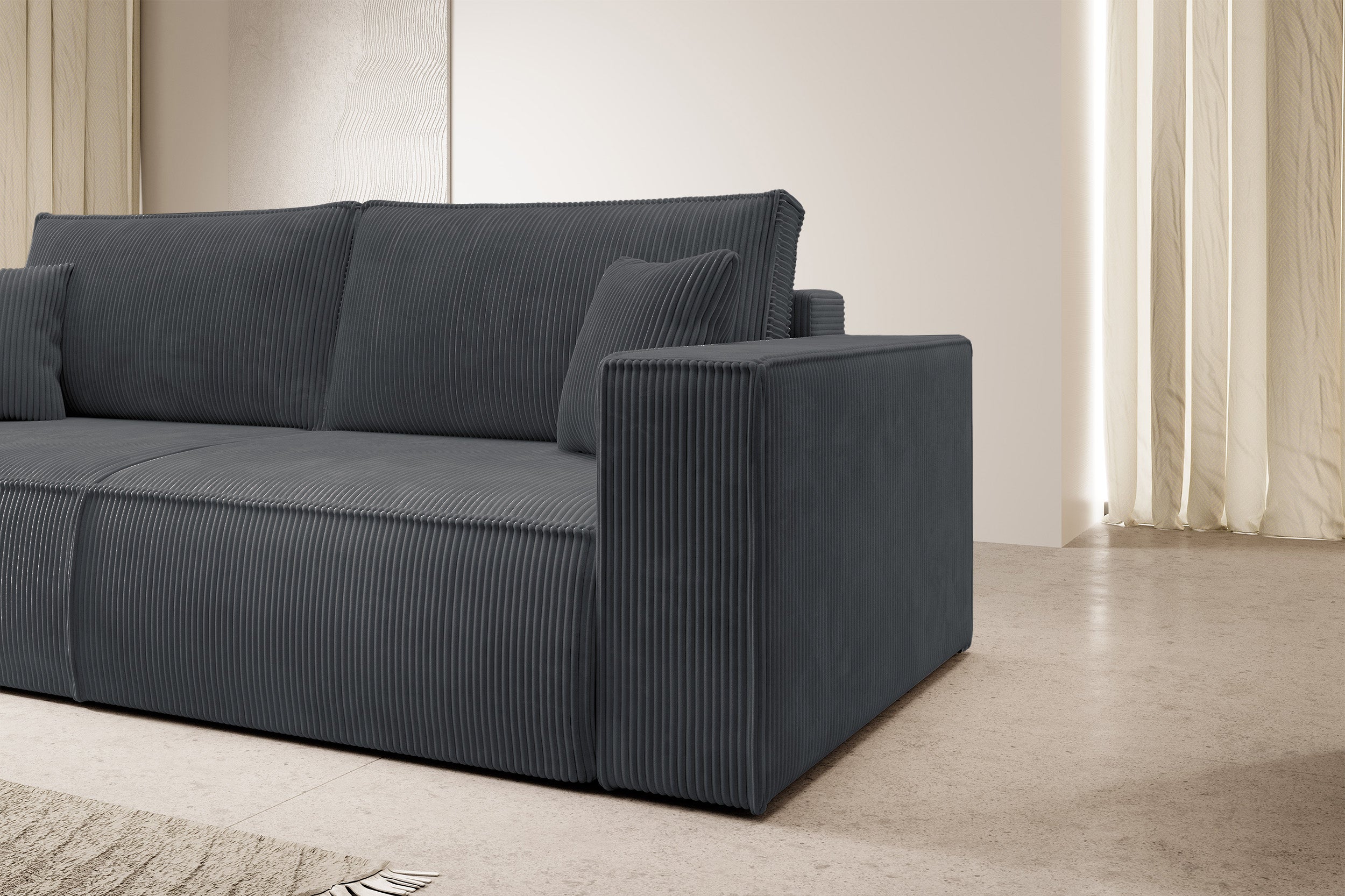 Dreisitziges ausklappbares Sofa Farese mit Stauraum, grauer Cordstoff
