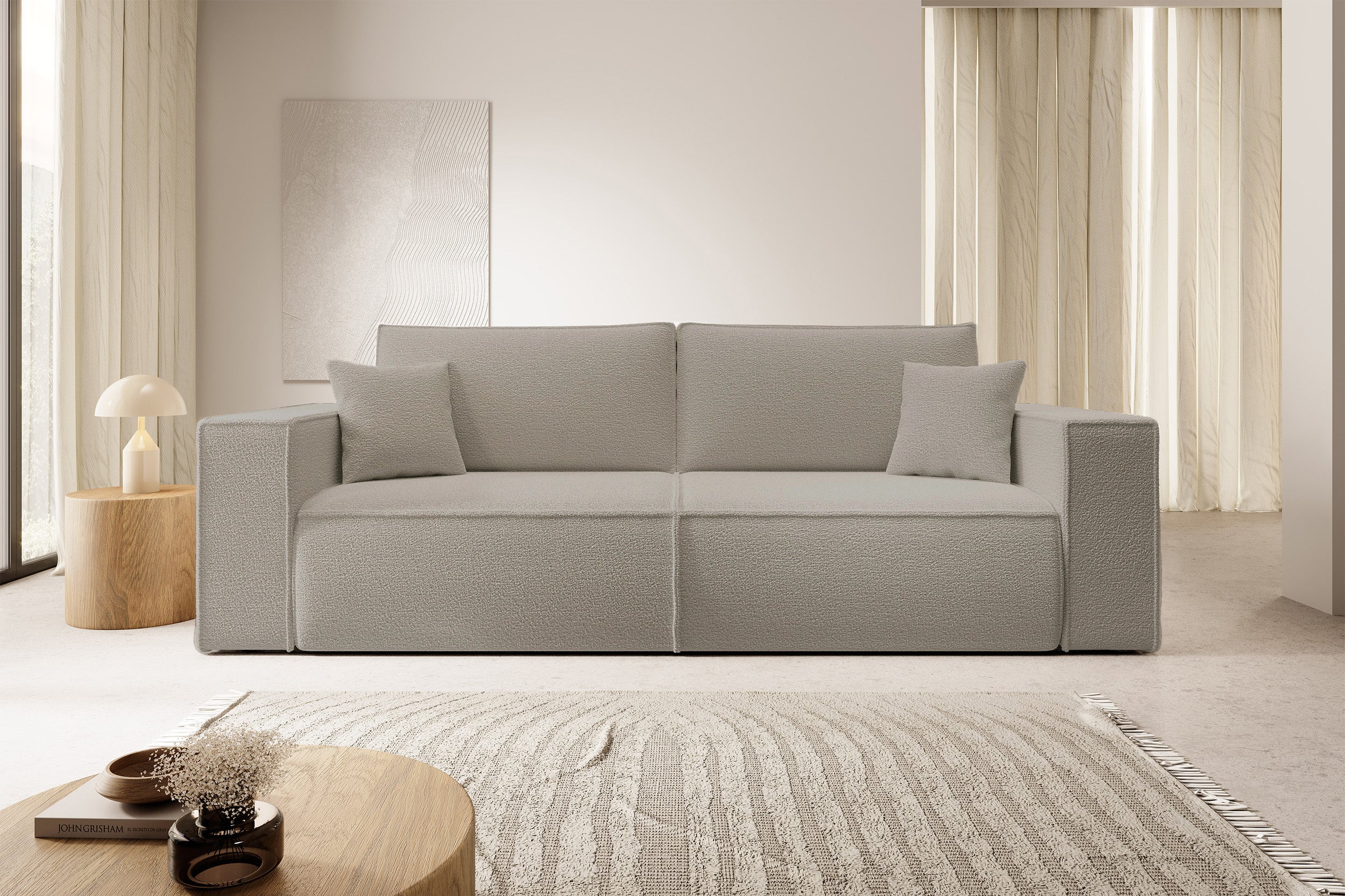 Dreisitziges ausklappbares Sofa Farese mit Stauraum, braunes Bouclé