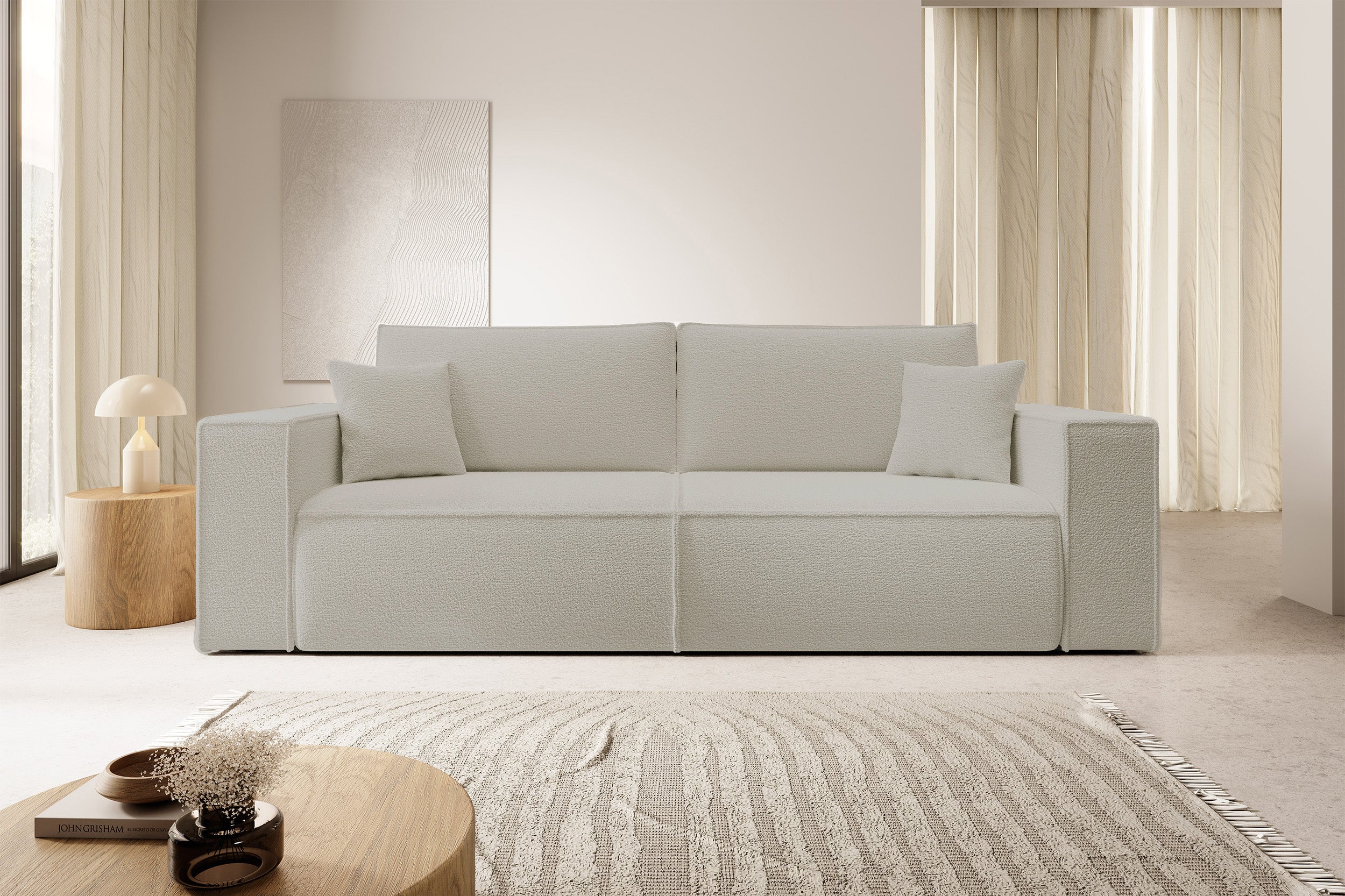 Dreisitziges ausklappbares Sofa Farese mit Stauraum, beige Bouclé