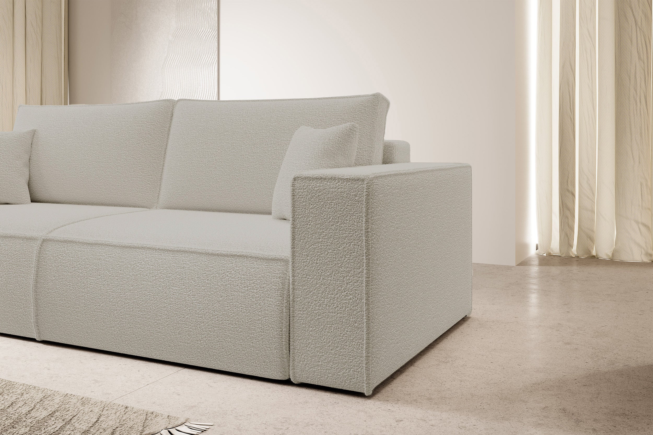 Dreisitziges ausklappbares Sofa Farese mit Stauraum, beige Bouclé