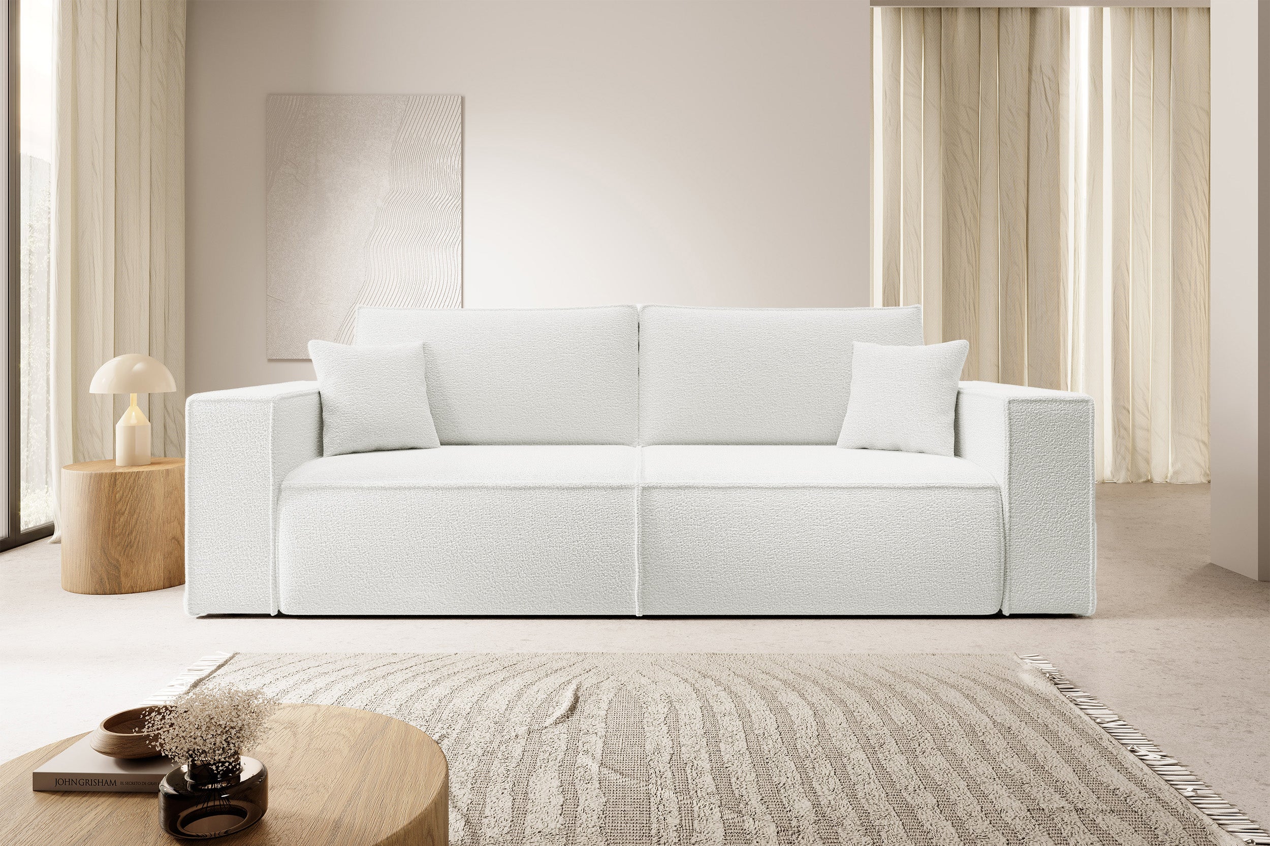 Dreisitziges Schlafsofa Farese mit Stauraum, cremefarbenes Bouclé