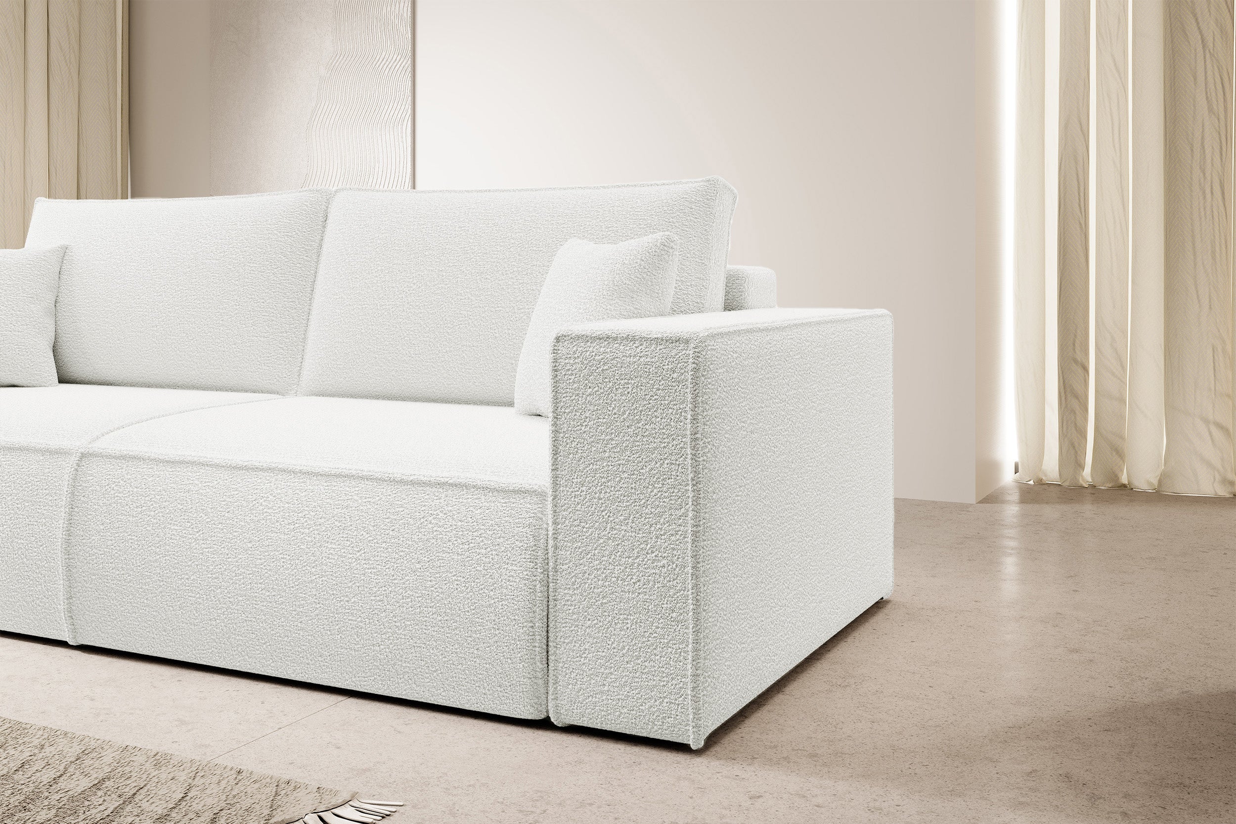 Dreisitziges Schlafsofa Farese mit Stauraum, cremefarbenes Bouclé