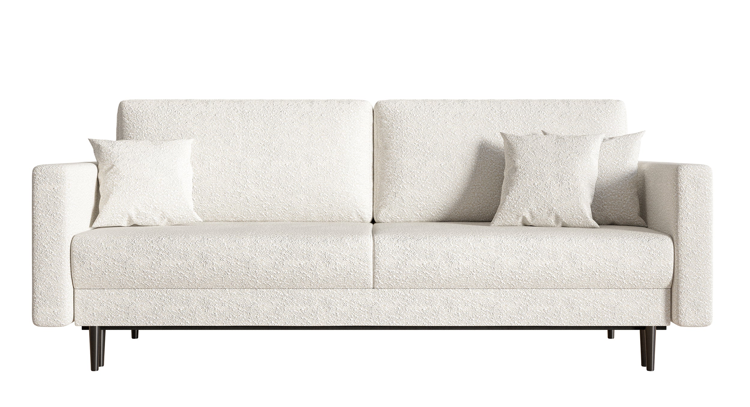Dreisitziges ausklappbares Sofa Valico, cremefarbenes Bouclé, schwarze Beine
