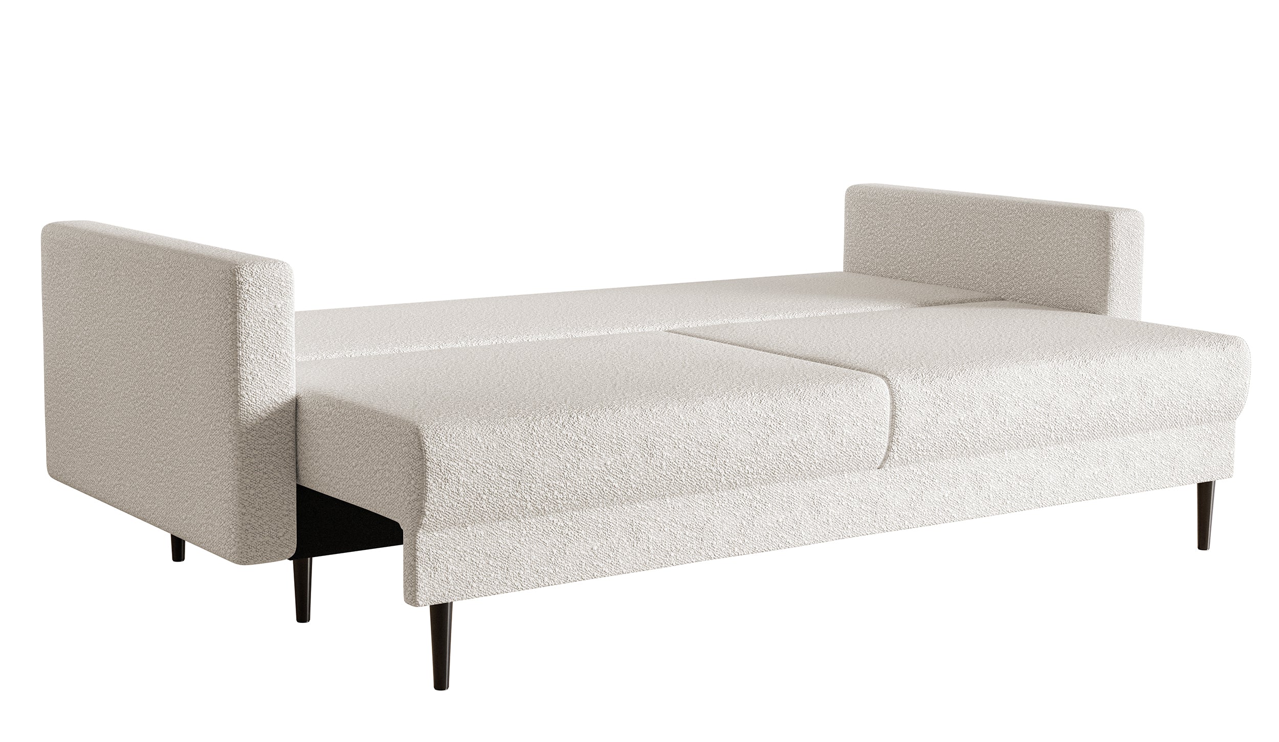 Dreisitziges ausklappbares Sofa Valico, cremefarbenes Bouclé, schwarze Beine