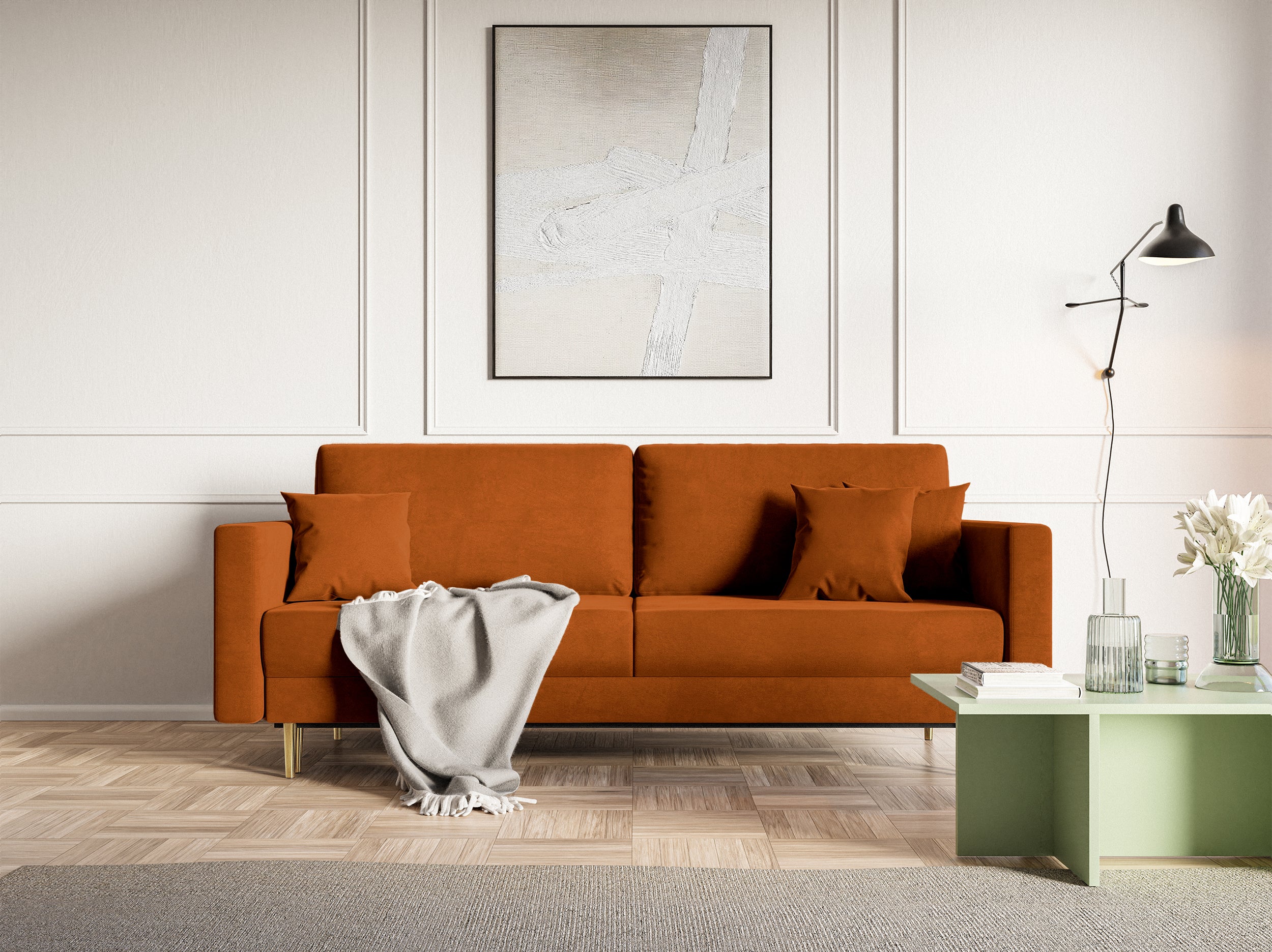 Dreisitziges ausklappbares Sofa Valico in kupferfarbenem Samt, wasserabweisend