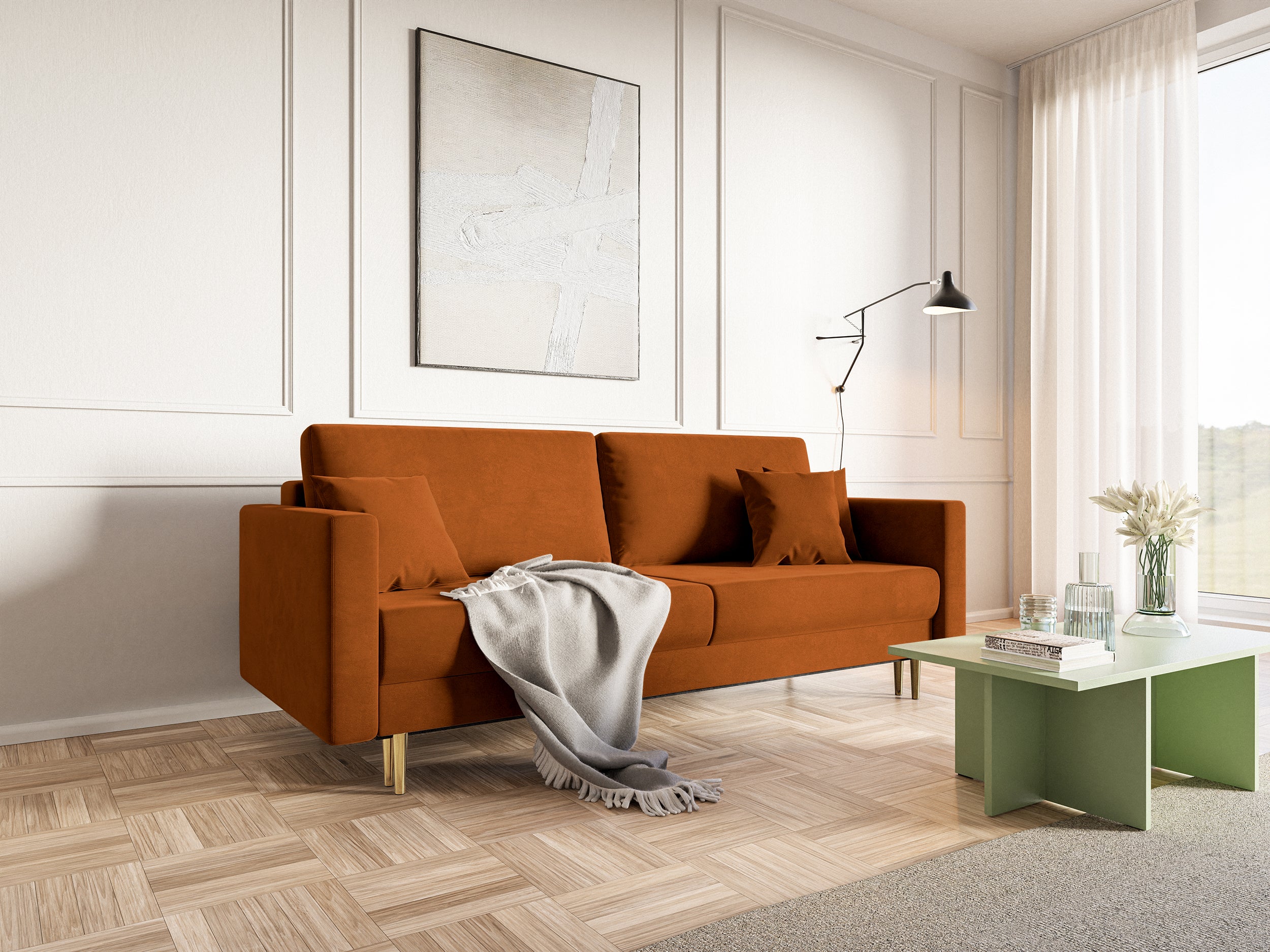 Dreisitziges ausklappbares Sofa Valico in kupferfarbenem Samt, wasserabweisend