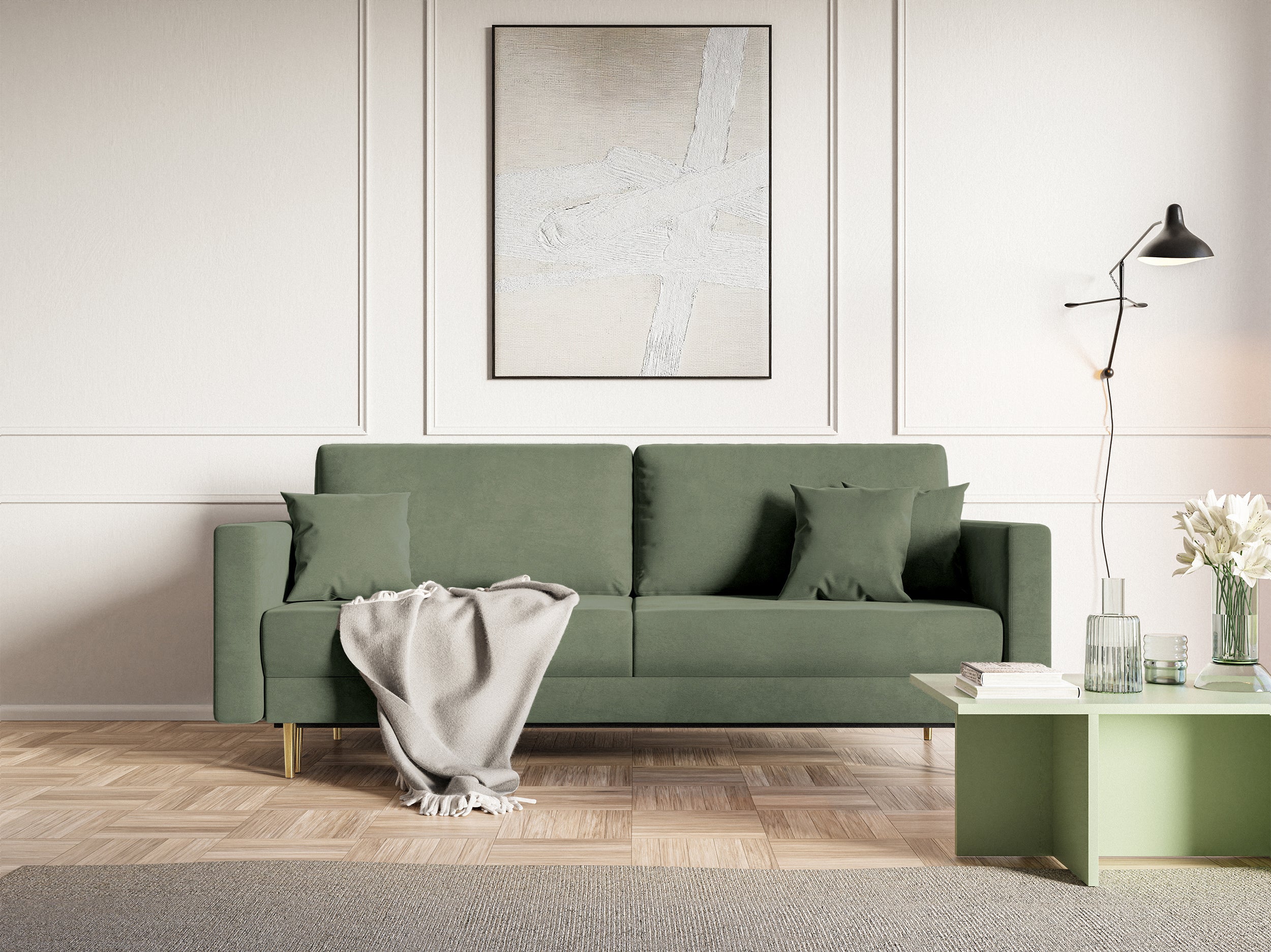 Dreisitziges ausklappbares Sofa Valico in Salbeigrün, samtig, wasserabweisend