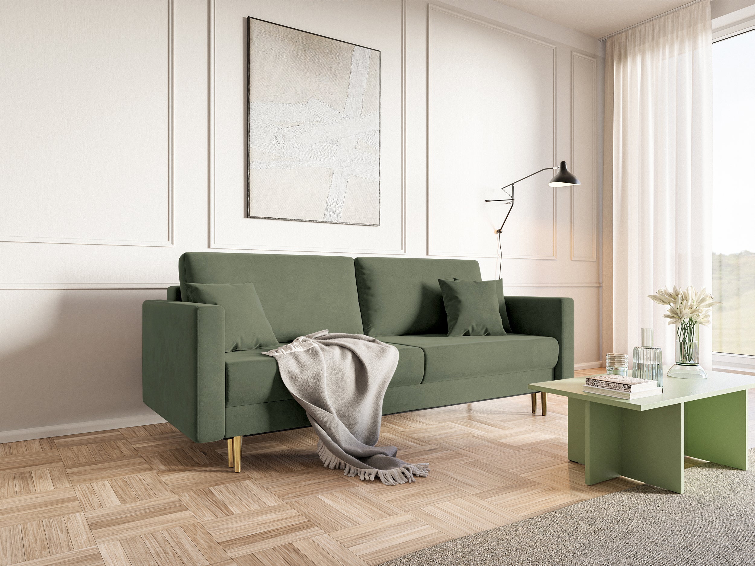 Dreisitziges ausklappbares Sofa Valico in Salbeigrün, samtig, wasserabweisend