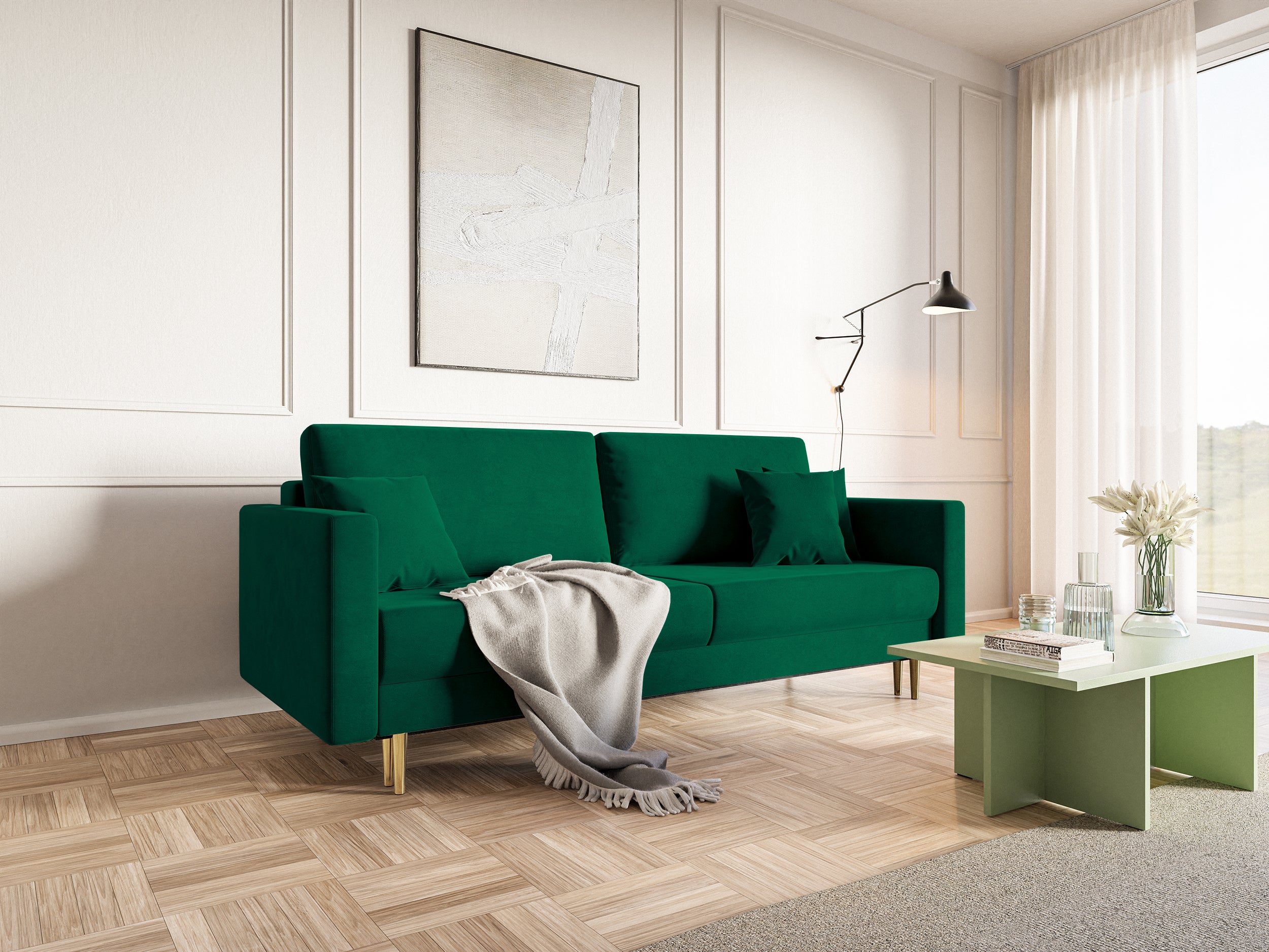 Dreipersonen-Schlafsofa Valico, grün, Samt, wasserabweisend