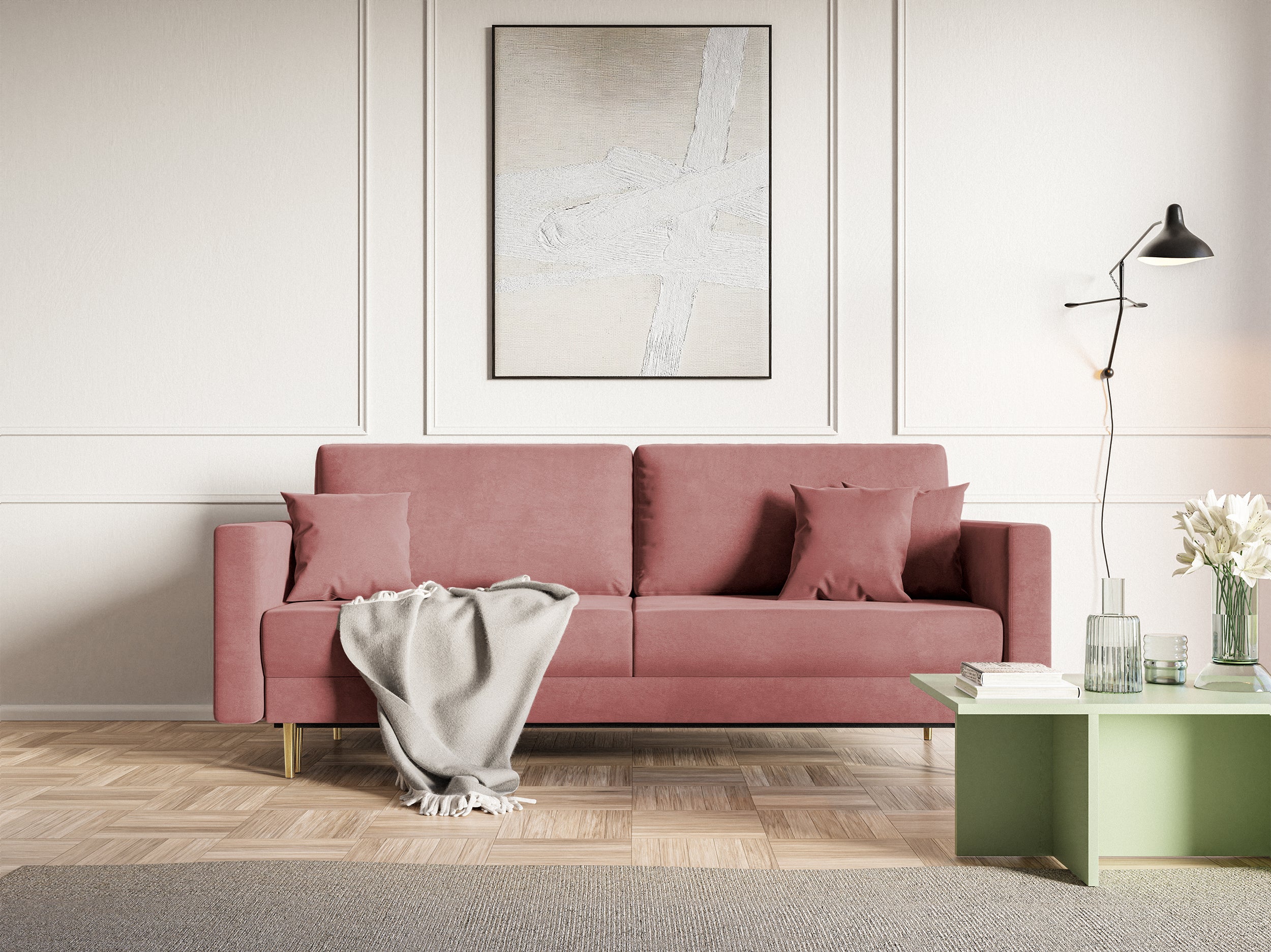 Dreisitziges ausklappbares Sofa Valico, rosa Samt, wasserabweisend