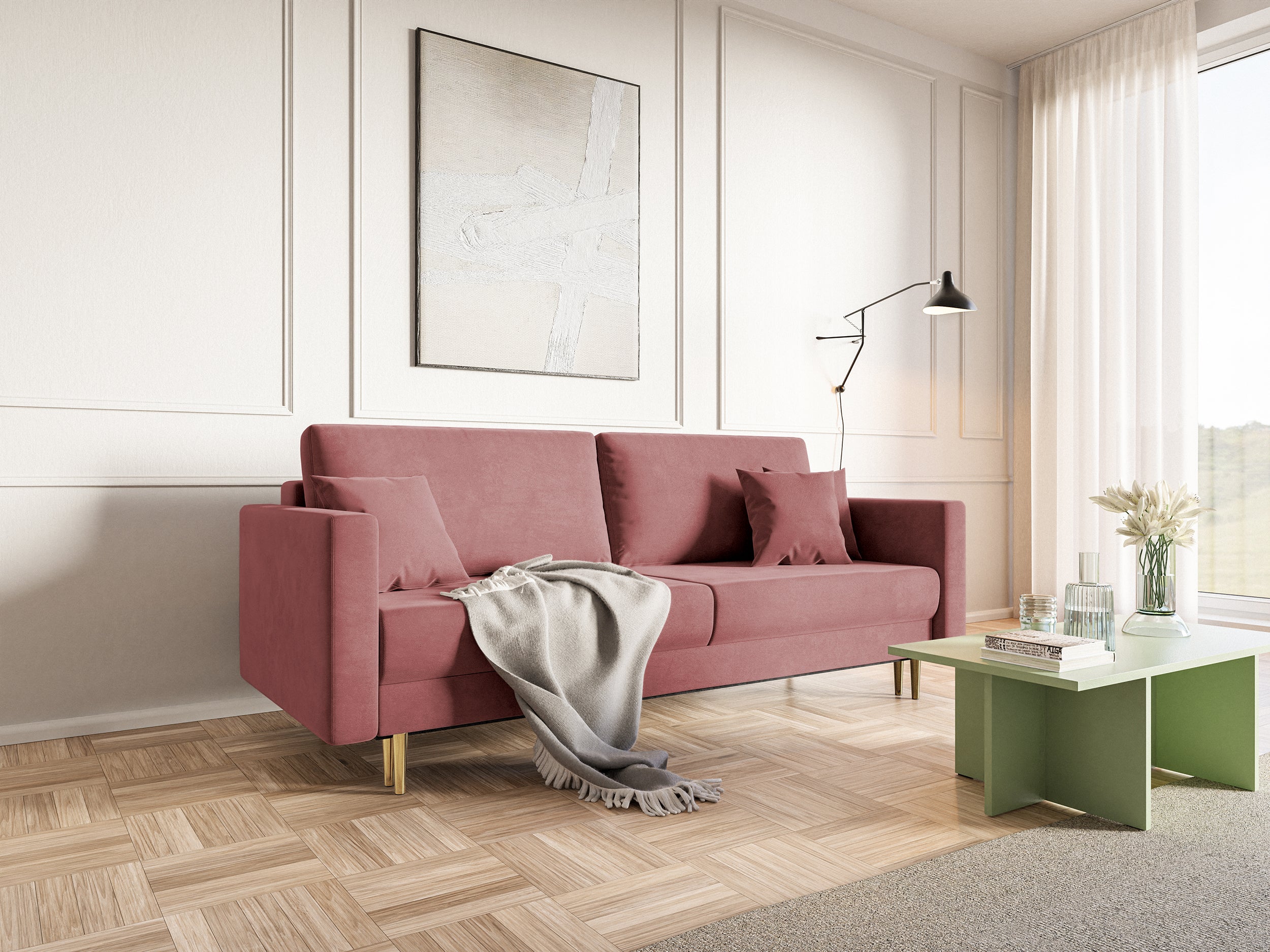 Dreisitziges ausklappbares Sofa Valico, rosa Samt, wasserabweisend