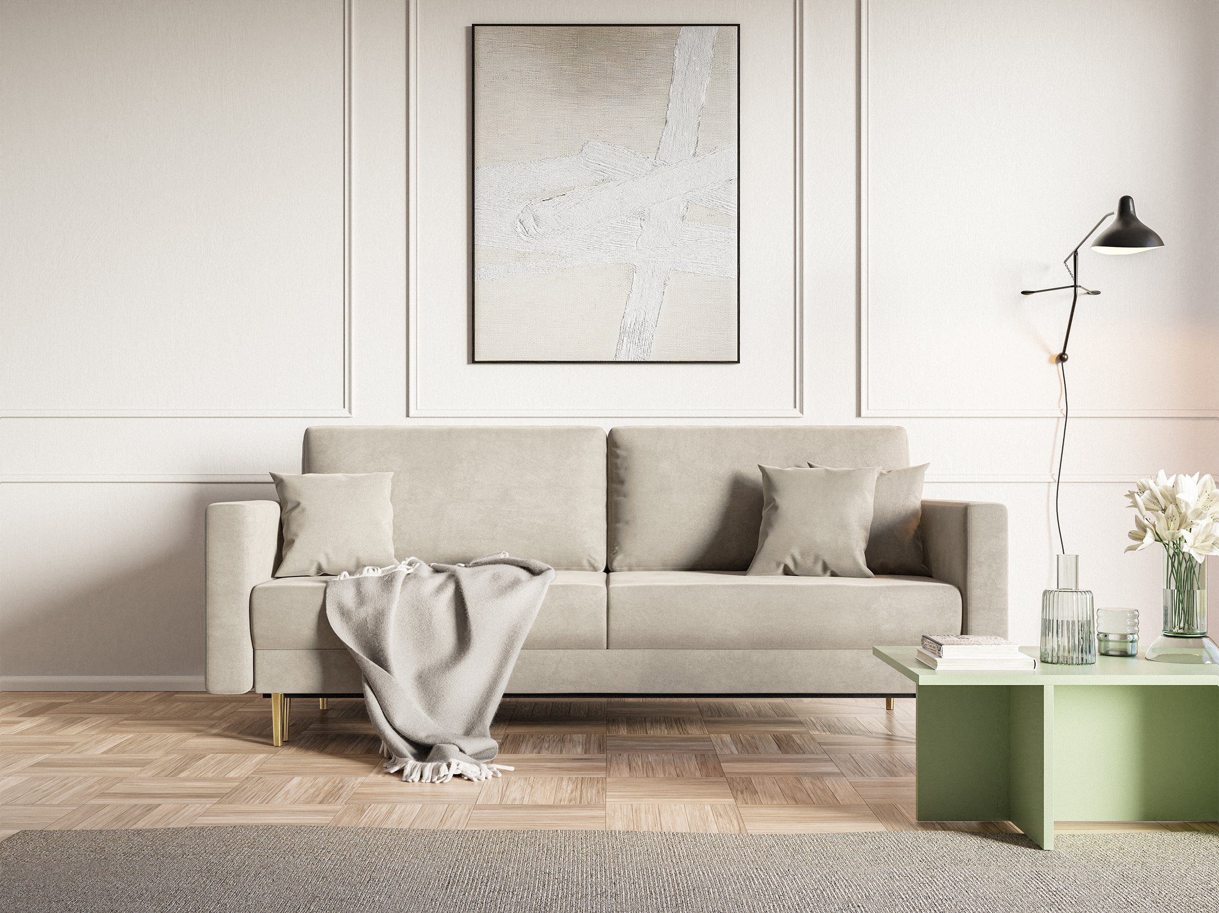 Ausziehbares Dreisitzer-Sofa Valico, beige, samtig, wasserabweisend