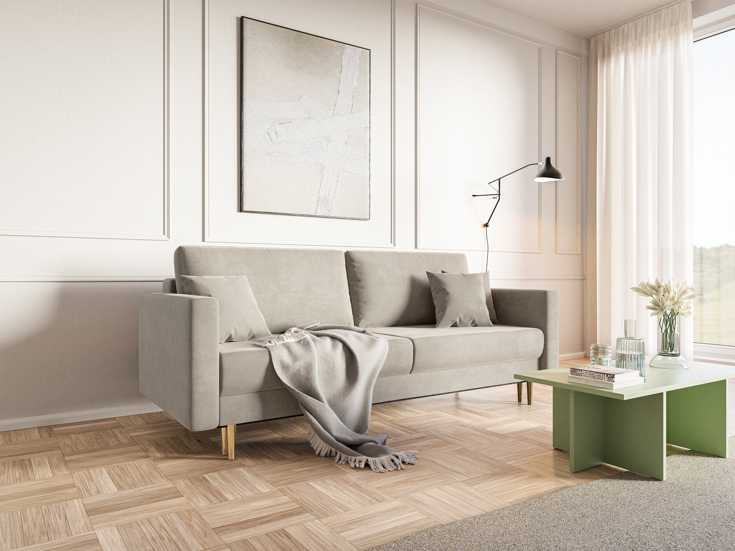 Ausziehbares Dreisitzer-Sofa Valico, beige, samtig, wasserabweisend