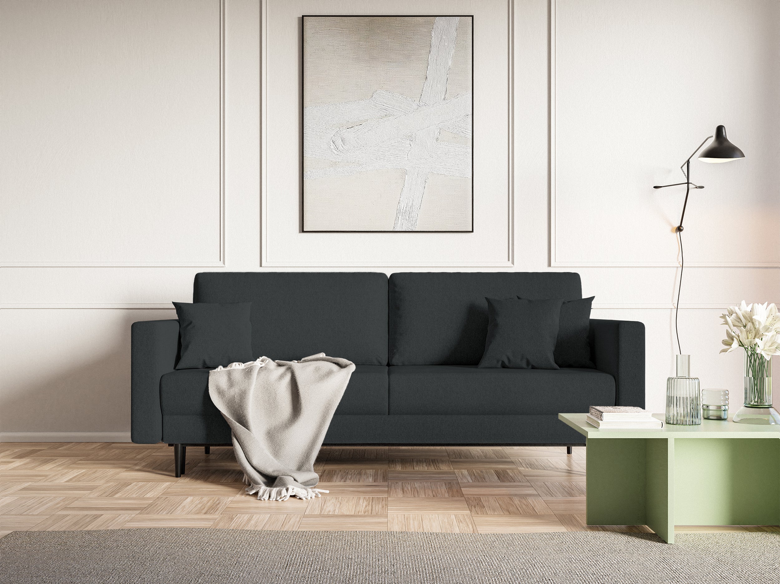 Dreisitziges ausklappbares Sofa Valico in Graphitfarbe aus pflegeleichtem Chenille-Stoff, schwarze Beine