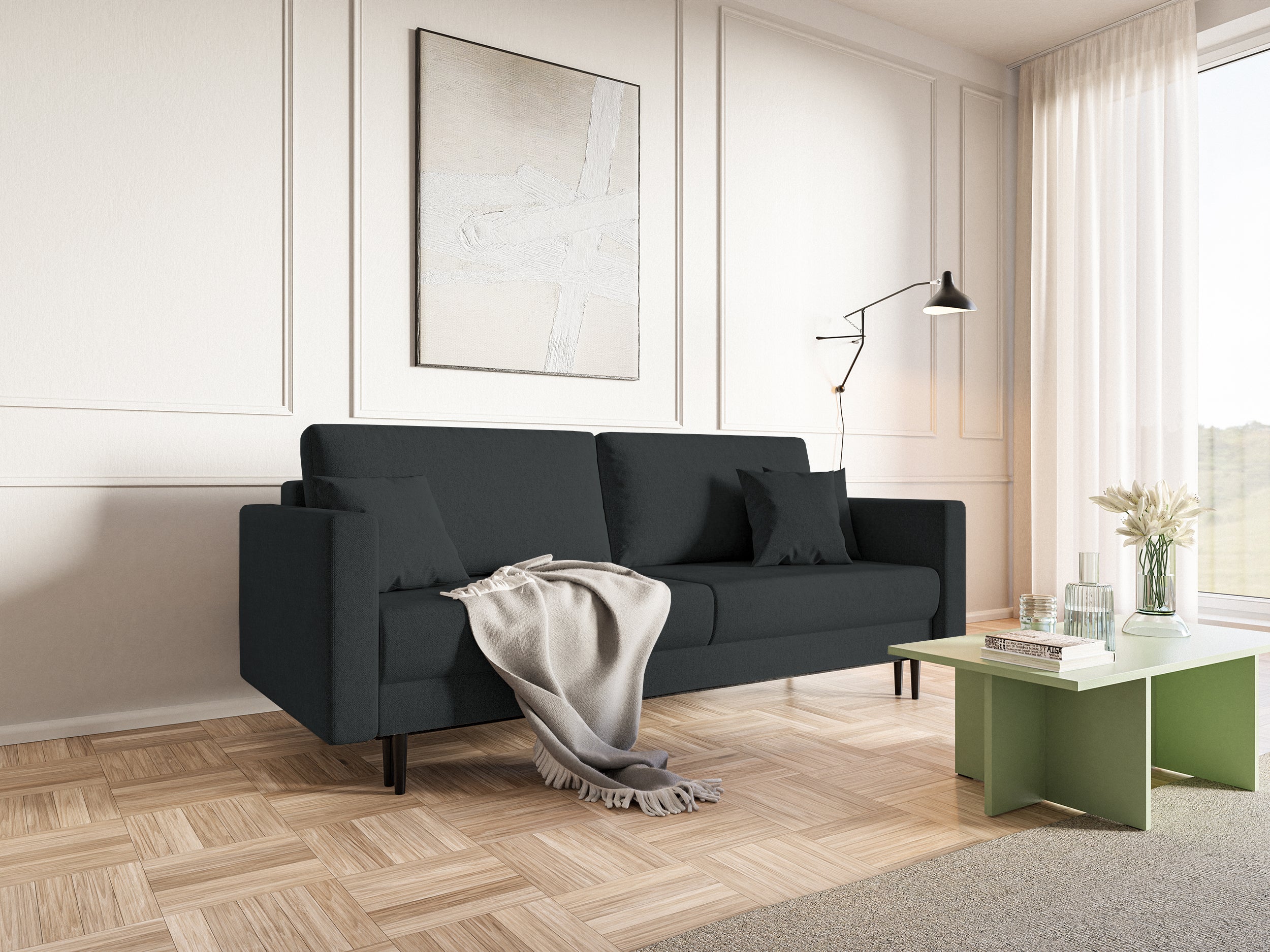 Dreisitziges ausklappbares Sofa Valico in Graphitfarbe aus pflegeleichtem Chenille-Stoff, schwarze Beine