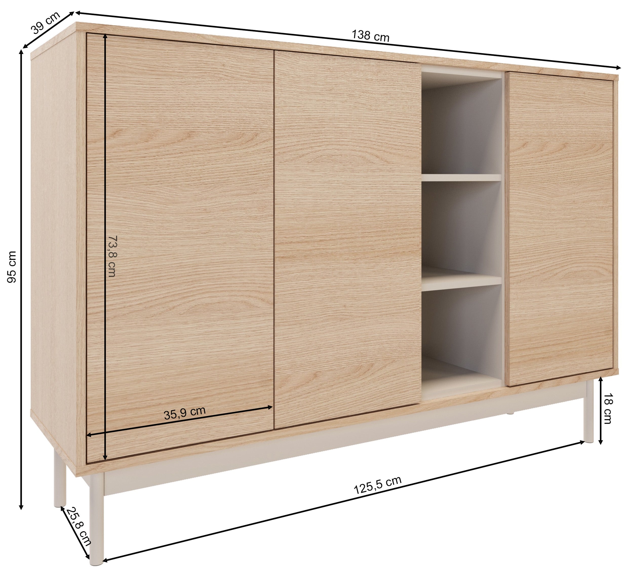 Drehtür-Kommode Layen mit drei Fächern, 138 cm, Lindberg-Eiche/Kaschmir