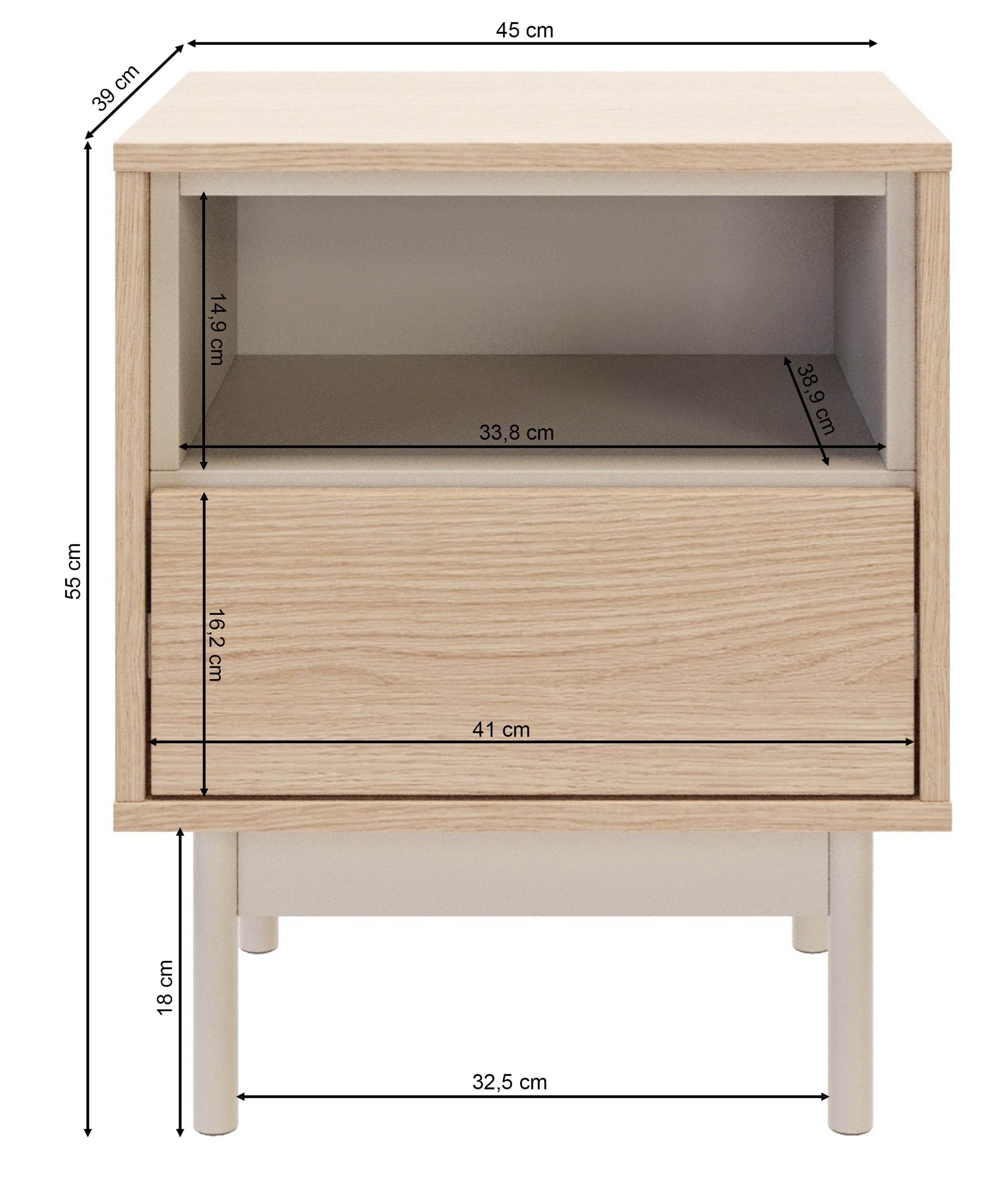 Nachttisch Layen mit Schublade und Fach, 45 cm, Lindberg-Eiche/Kaschmir
