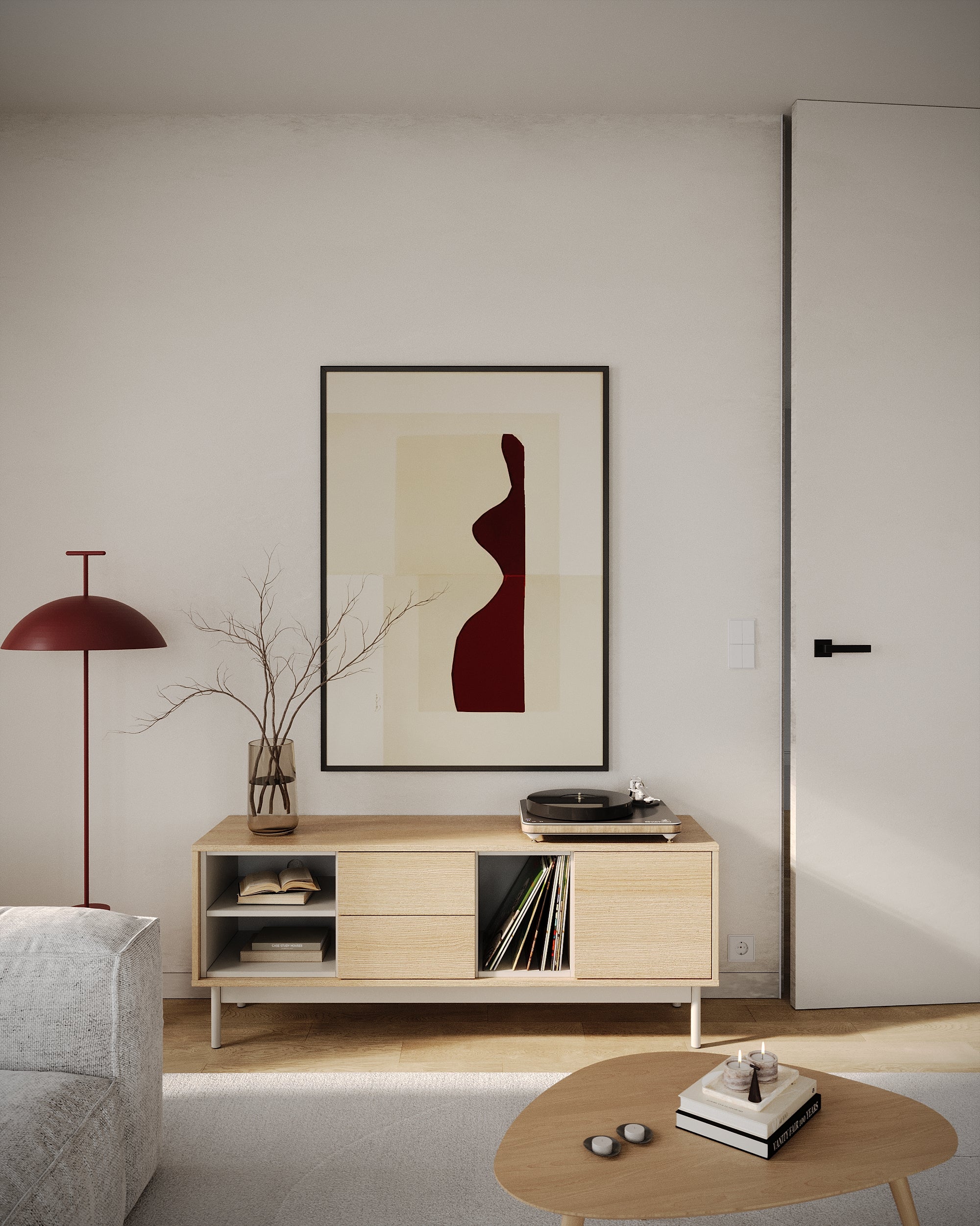 Layen TV-Schrank mit einer Tür, zwei Schubladen und drei Fächern, 138 cm, Lindberg-Eiche/Kaschmir