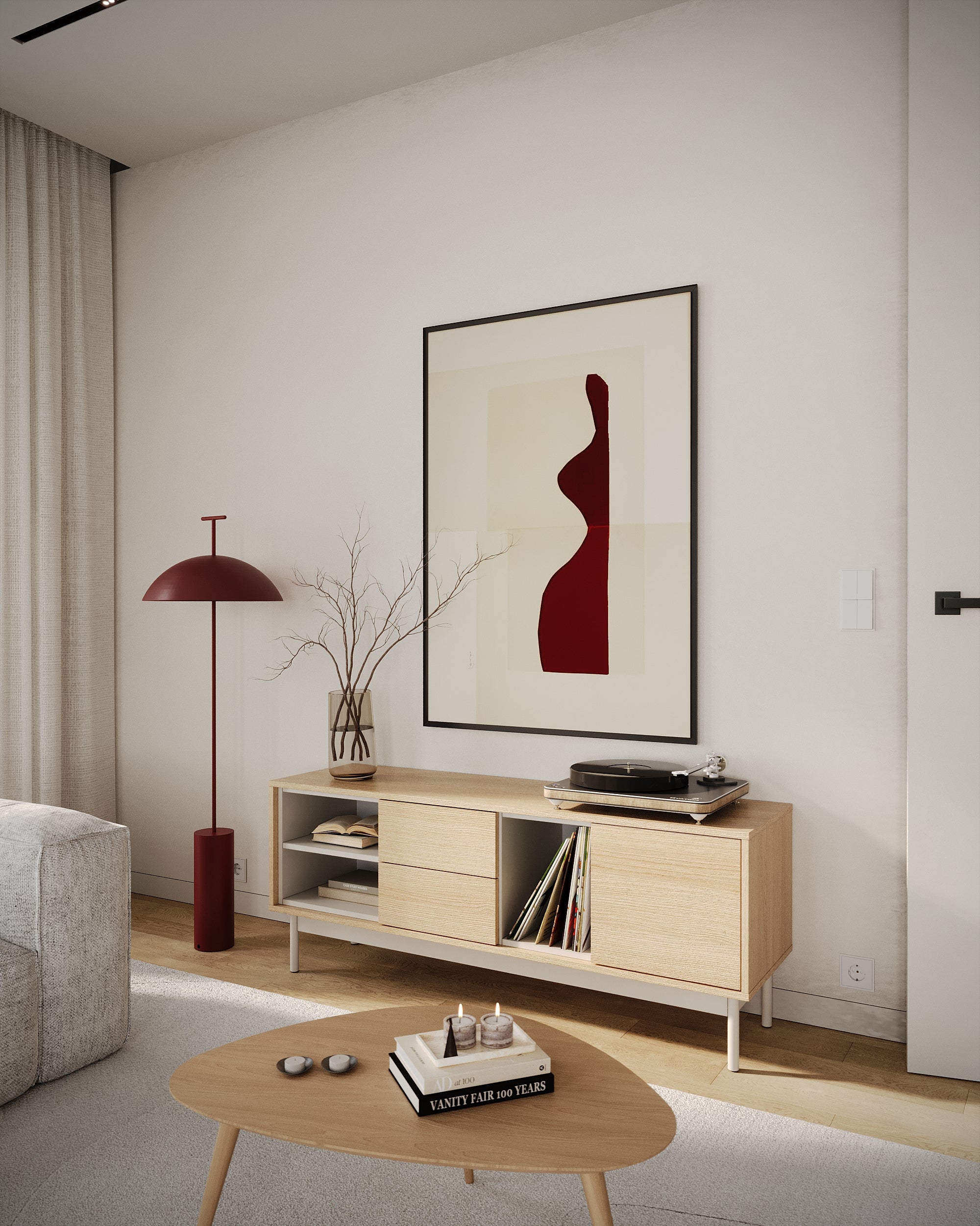 Layen TV-Schrank mit einer Tür, zwei Schubladen und drei Fächern, 138 cm, Lindberg-Eiche/Kaschmir