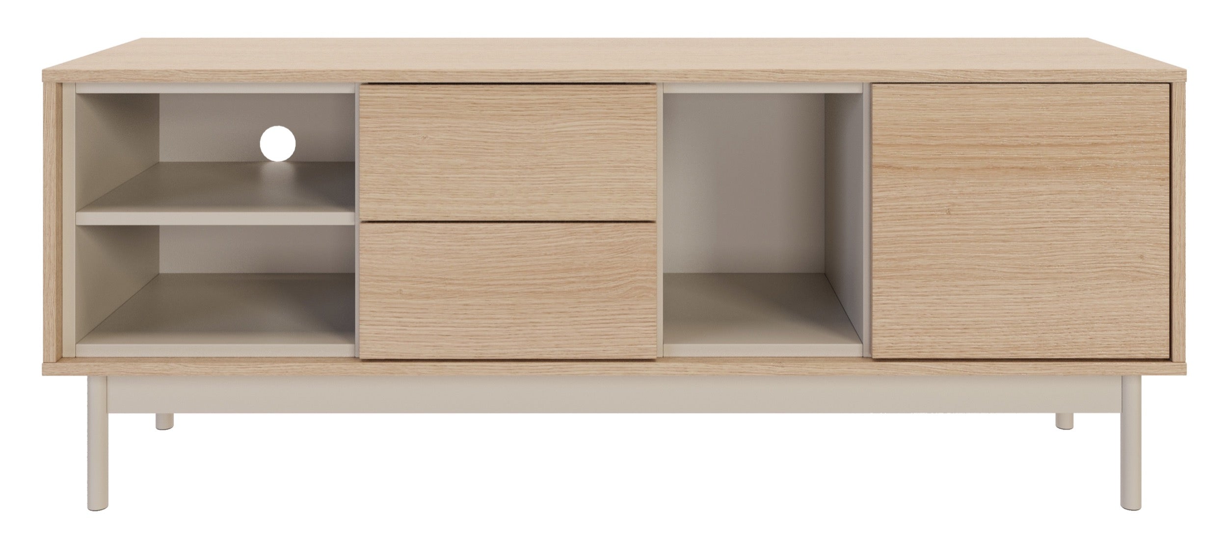 Layen TV-Schrank mit einer Tür, zwei Schubladen und drei Fächern, 138 cm, Lindberg-Eiche/Kaschmir
