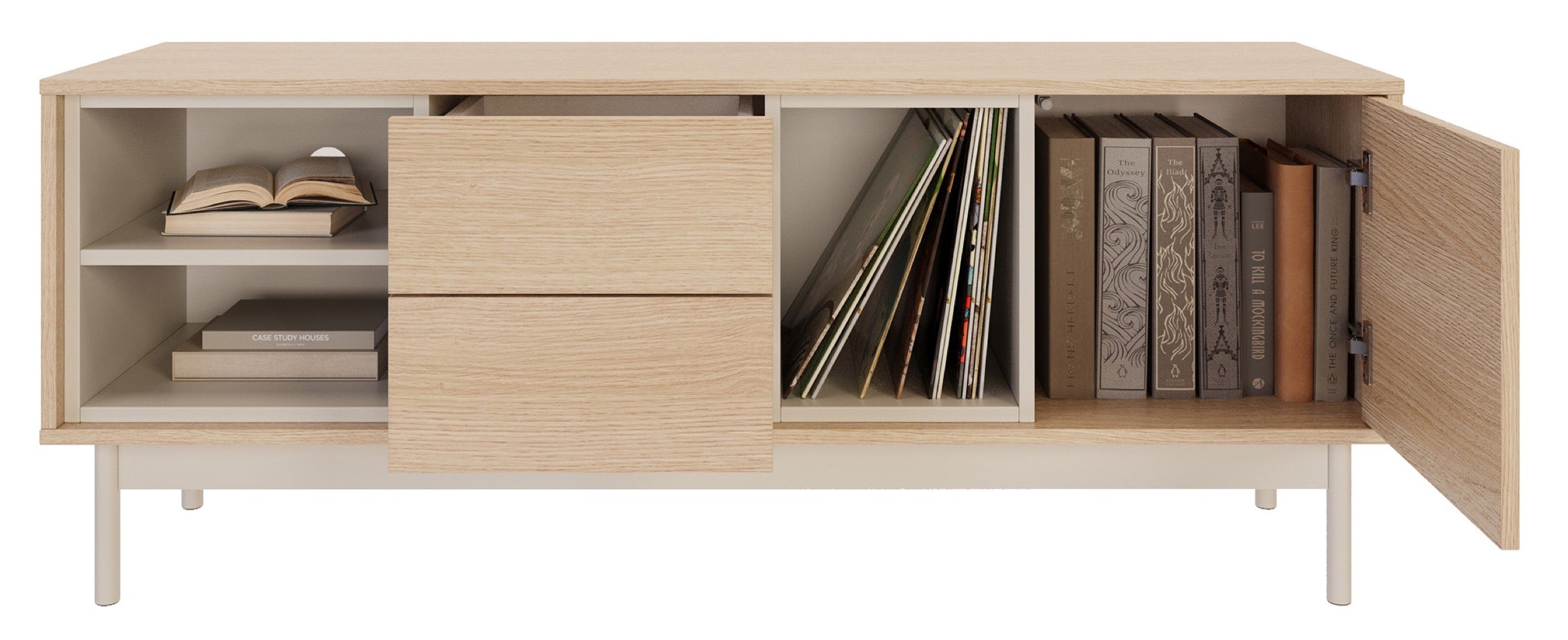 Layen TV-Schrank mit einer Tür, zwei Schubladen und drei Fächern, 138 cm, Lindberg-Eiche/Kaschmir