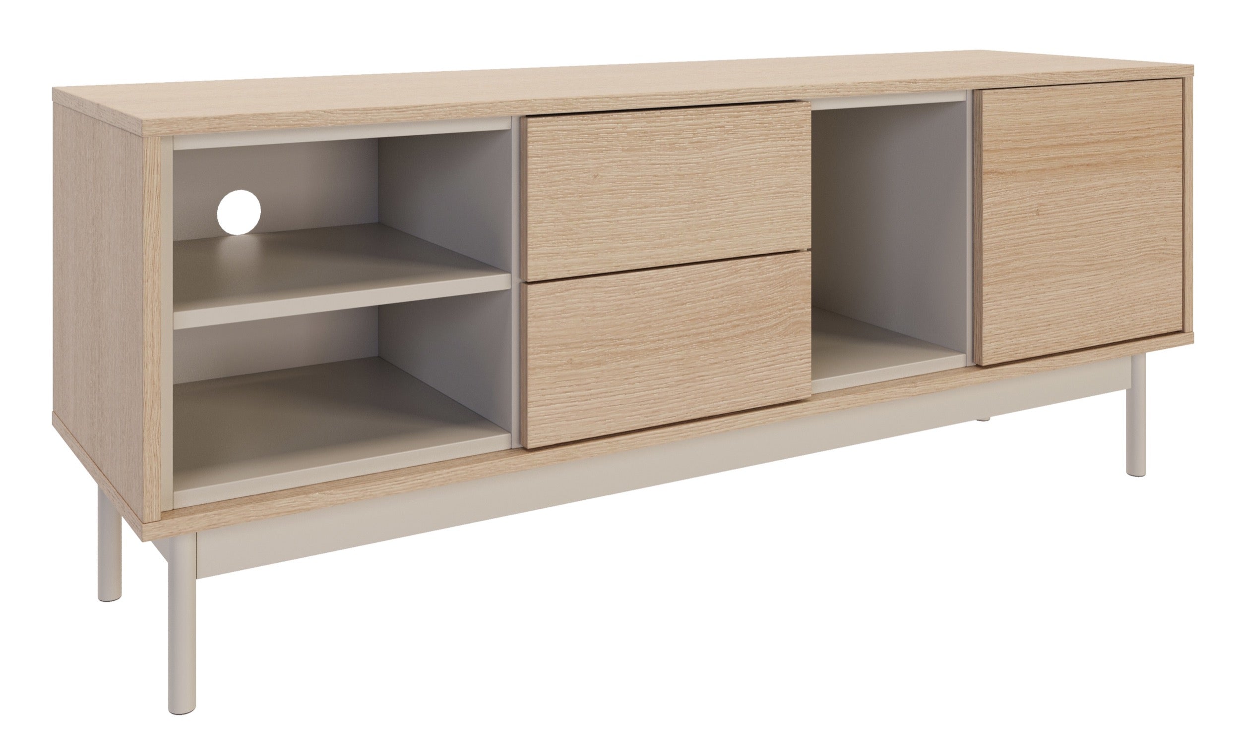 Layen TV-Schrank mit einer Tür, zwei Schubladen und drei Fächern, 138 cm, Lindberg-Eiche/Kaschmir