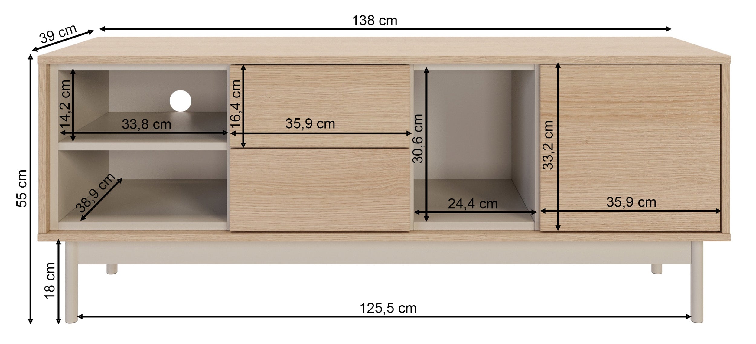 Layen TV-Schrank mit einer Tür, zwei Schubladen und drei Fächern, 138 cm, Lindberg-Eiche/Kaschmir