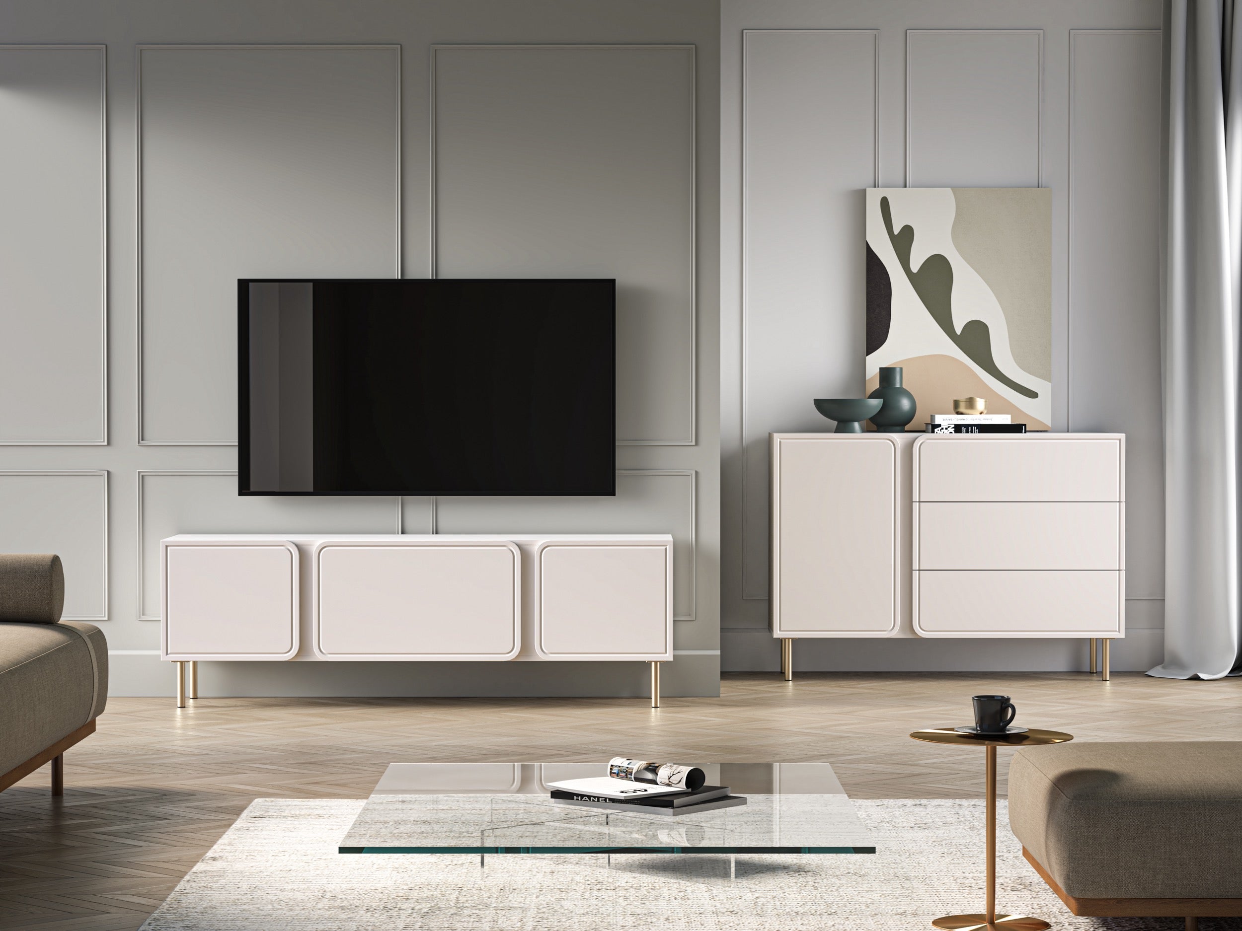 Zweiturige RTV-Kommode Loppa mit Klappe, 160 cm, Kaschmir