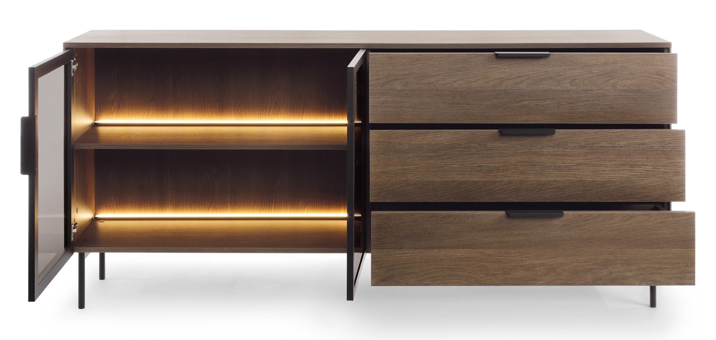Zweiturige Vitrine Lumi mit drei Schubladen und Beleuchtung, 181 cm, Eiche Dunin