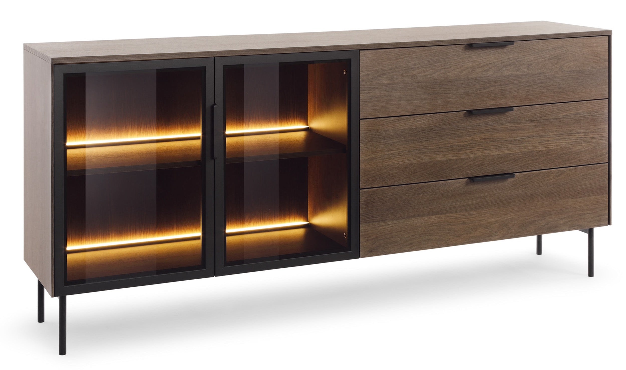 Zweiturige Vitrine Lumi mit drei Schubladen und Beleuchtung, 181 cm, Eiche Dunin
